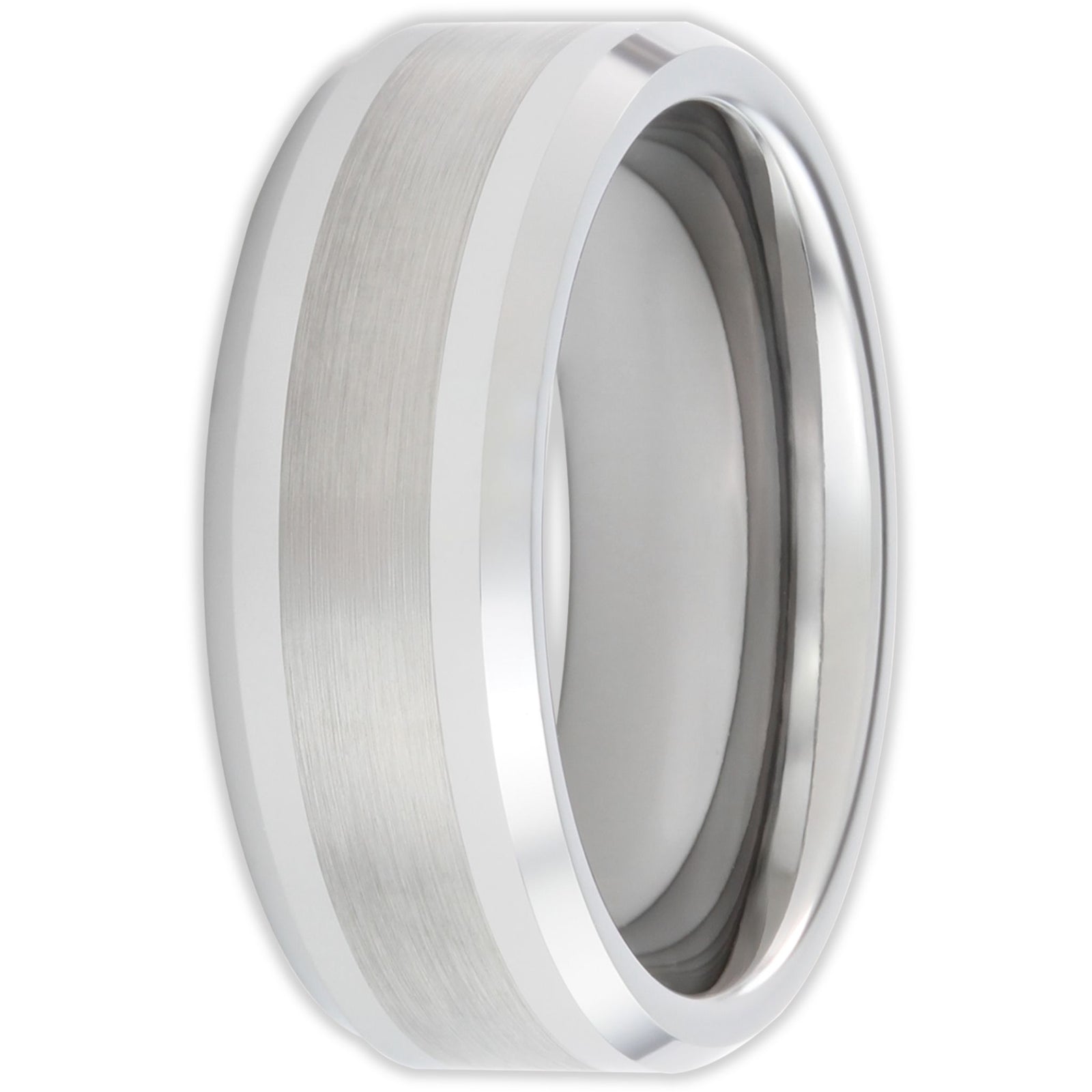 Front view of tungsten ring with brushed finish and 8mm band