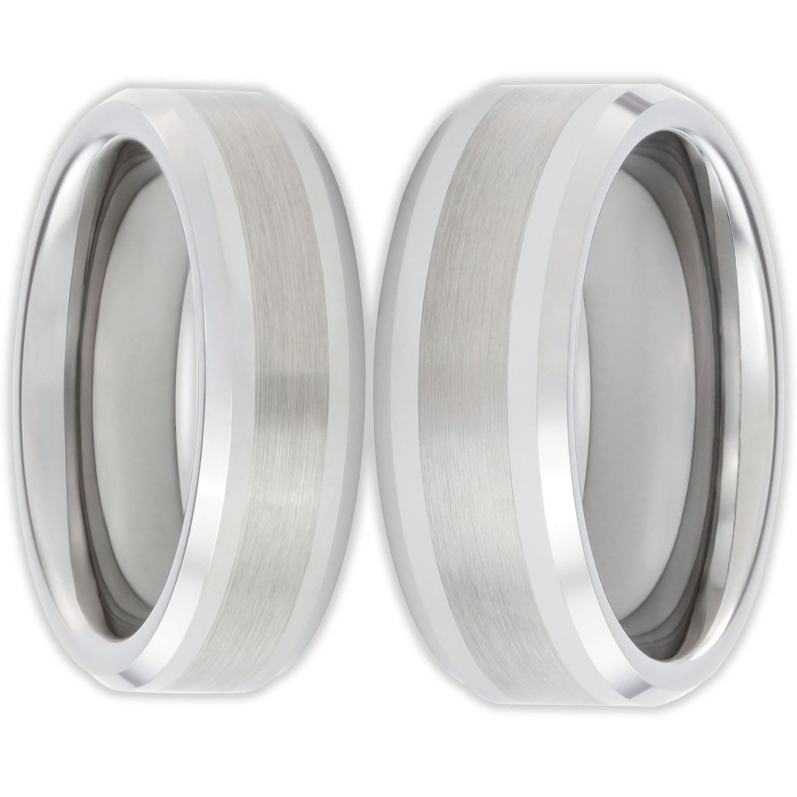 set of brushed tungsten rings showing band depth and smooth edges