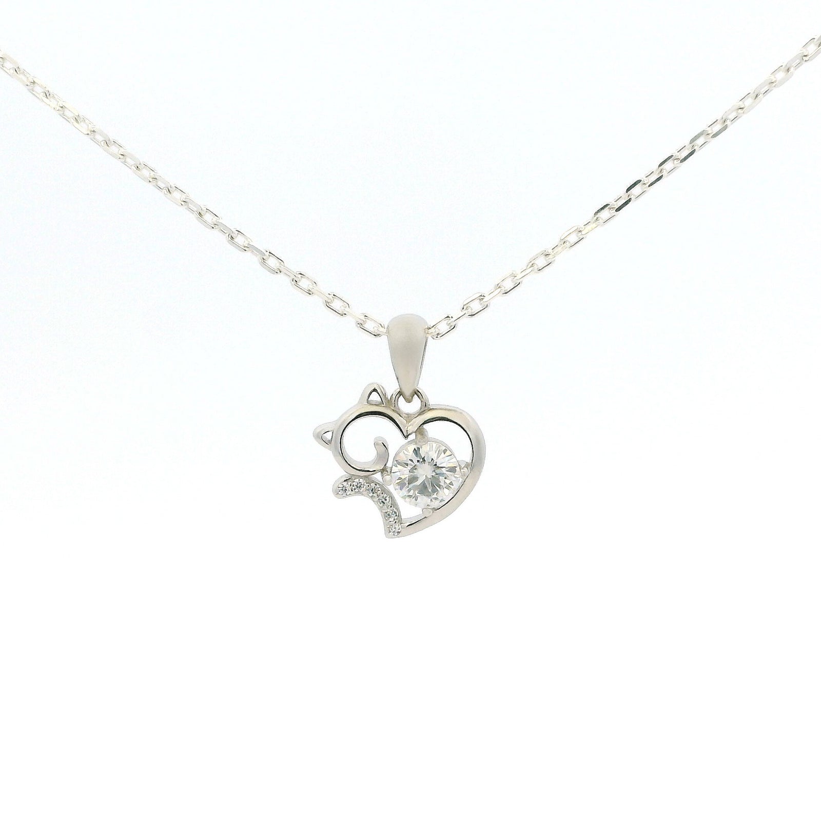 White Gold Moissanite Cat Silver Dazzle Pendant Necklace