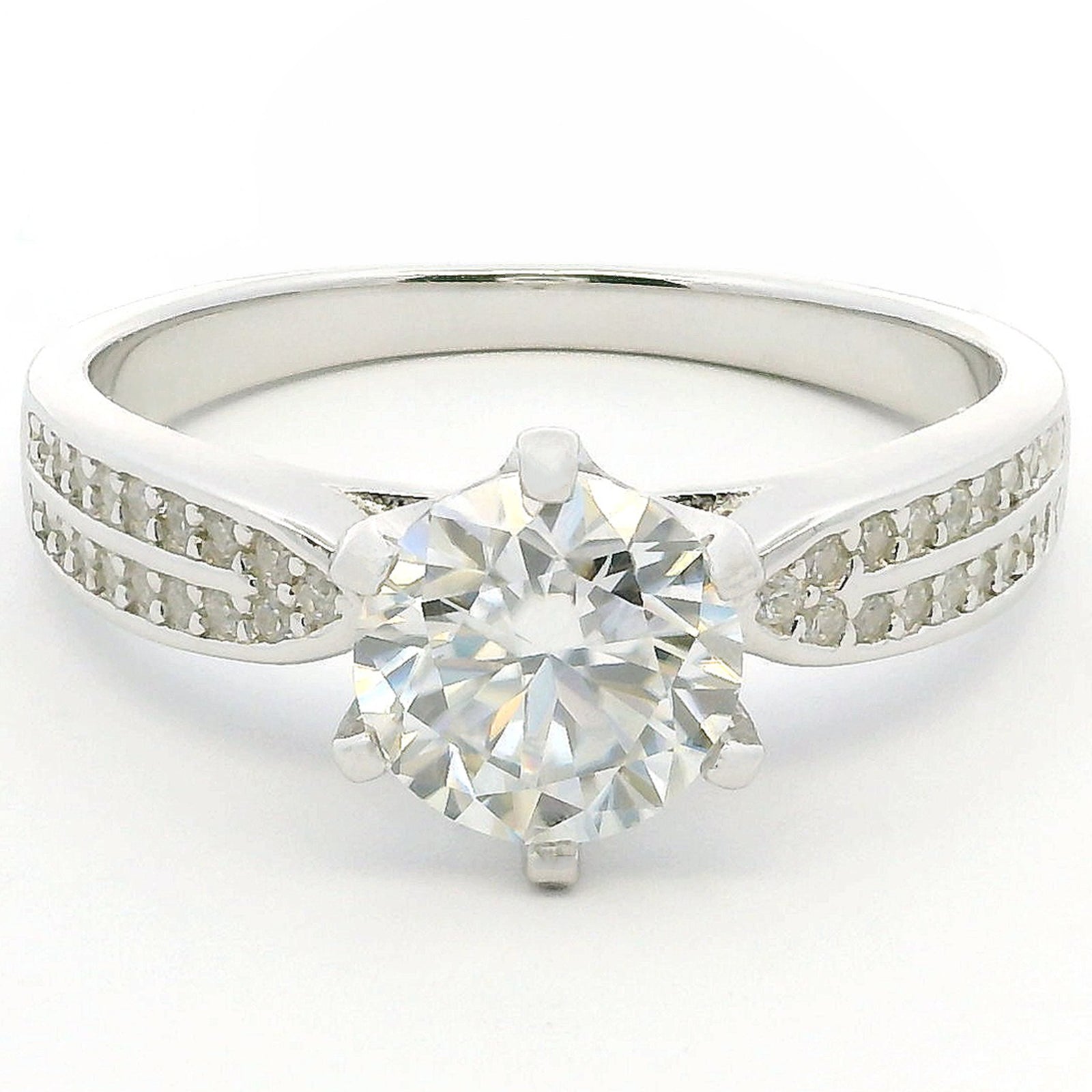 1ct Round Brilliant Moissanite Engagement Ring | White Gold Wide Dazzle Ring