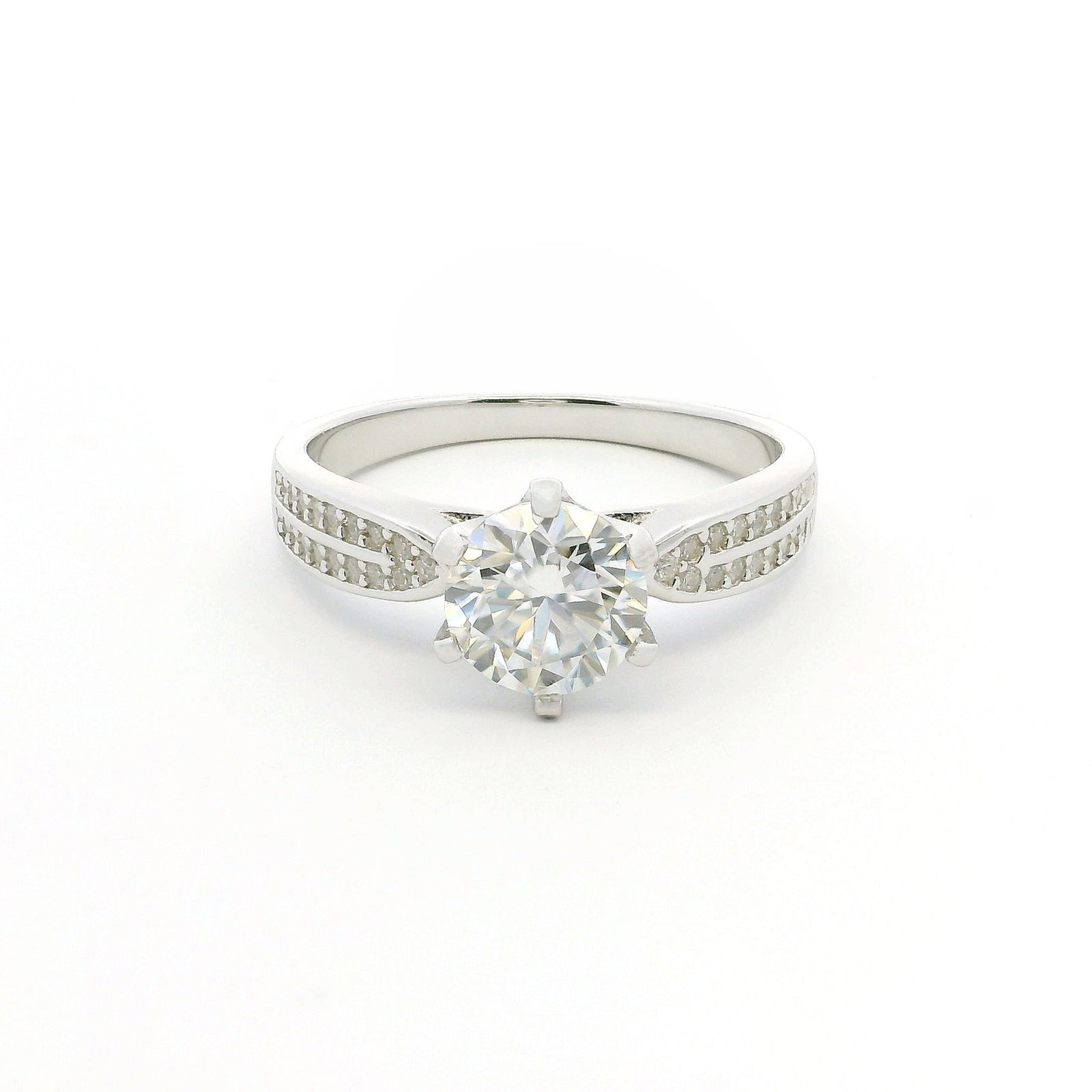 1ct Round Brilliant Moissanite Engagement Ring | White Gold Wide Dazzle Ring