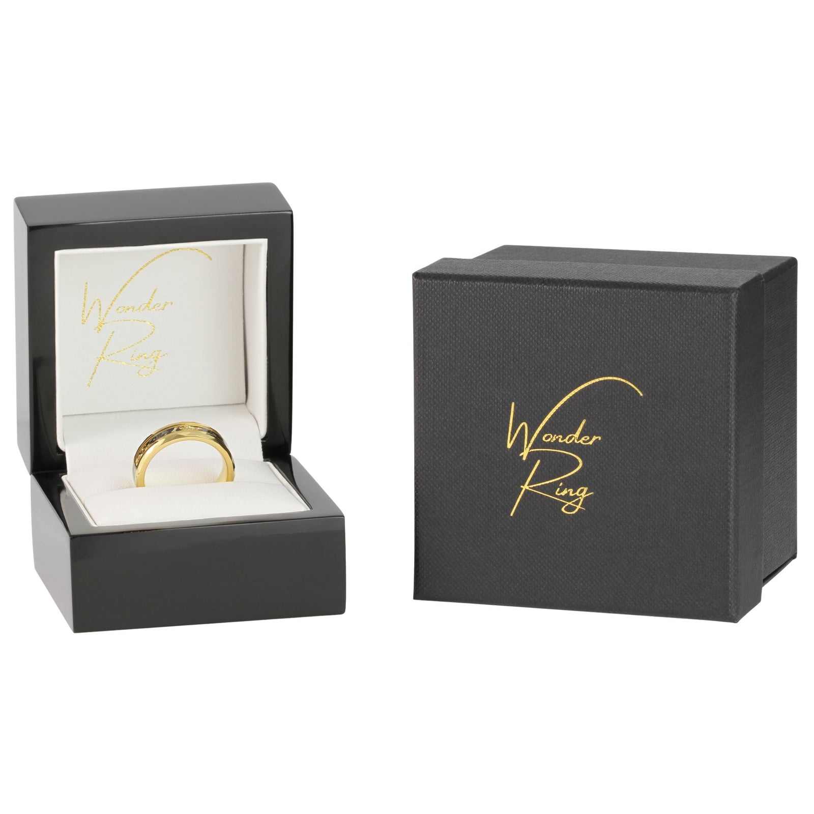 Gold tungsten 8mm ring with gold flake inlay presented in gift box