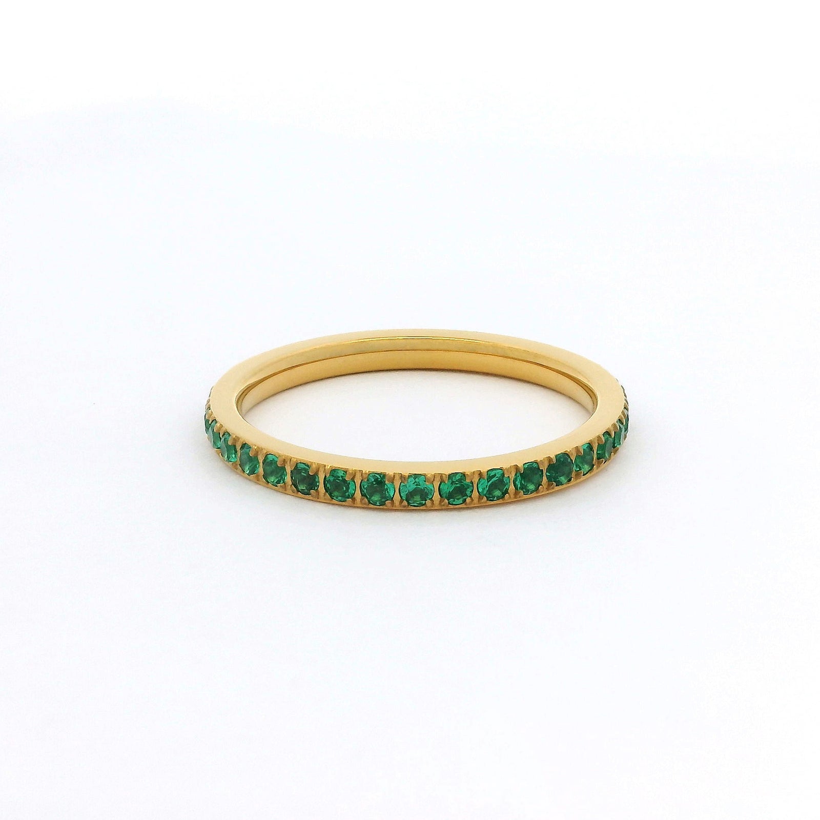 2mm Gold Full Glitz Eternity Ring | Emerald Green Cubic Zirconia Stacking Ring