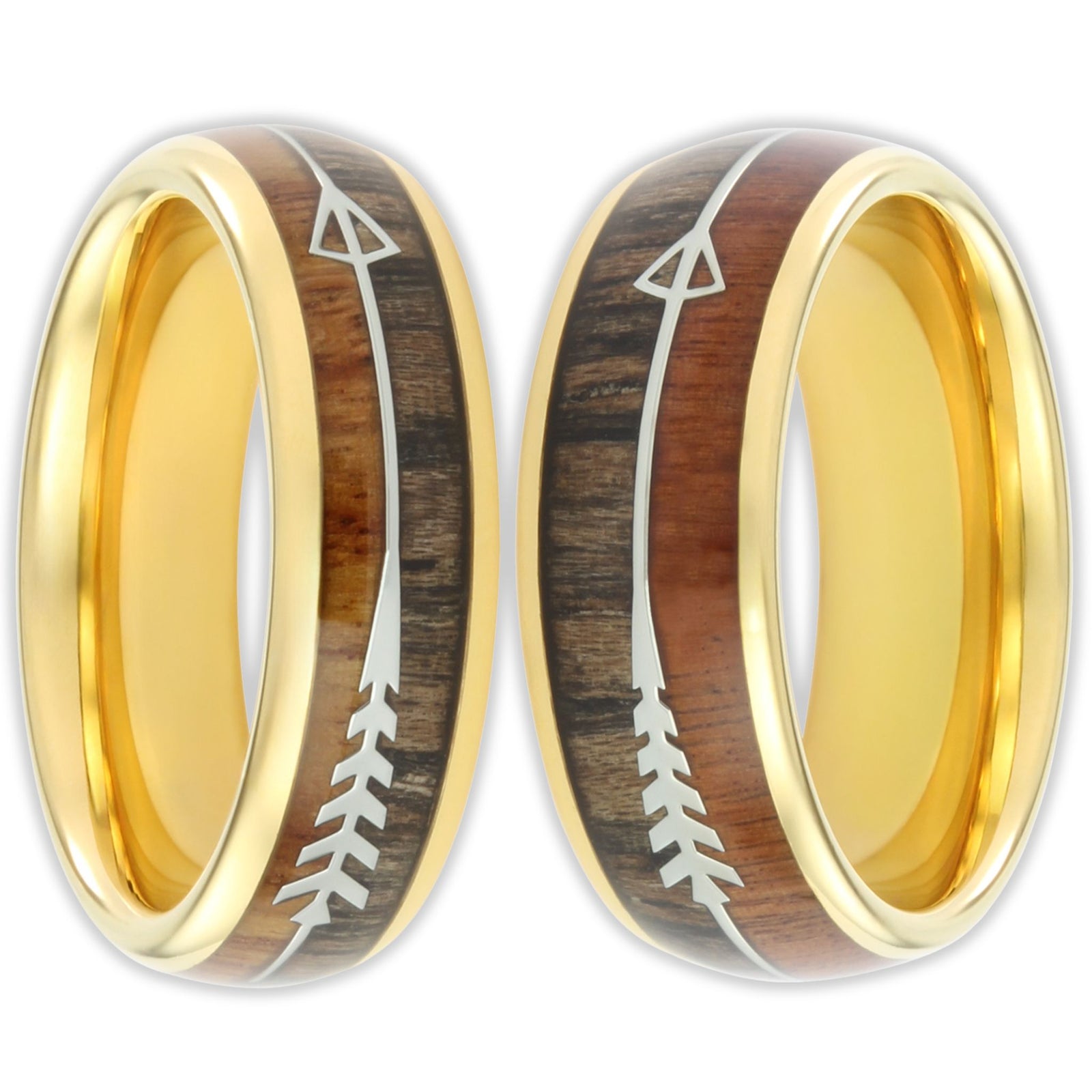 Front view of gold Harold arrow wood inlay tungsten rings with smooth polished finish and 8mm and 6mm bands