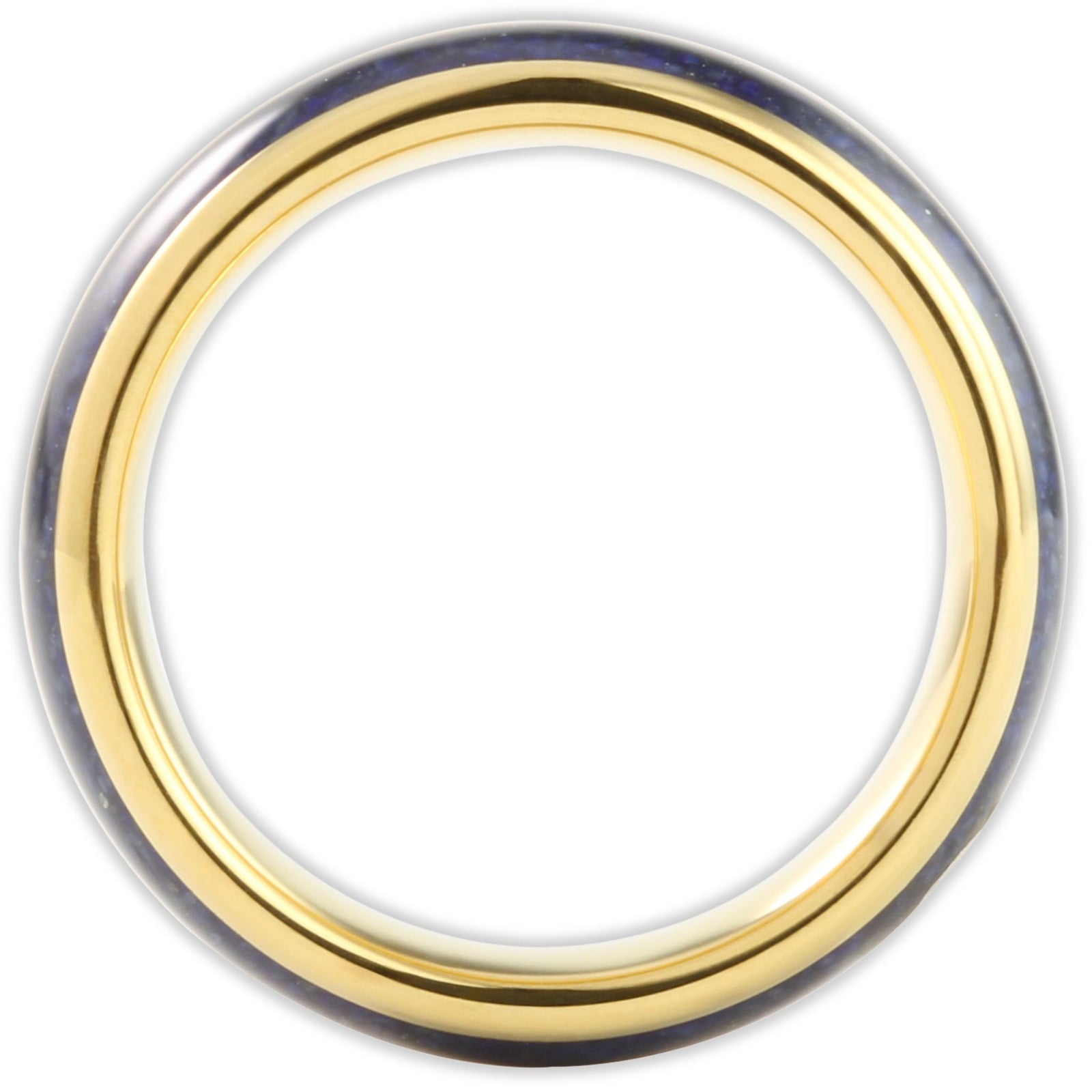 Side profile of tungsten ring showing 6mm band depth and split inlay structure with gold finish