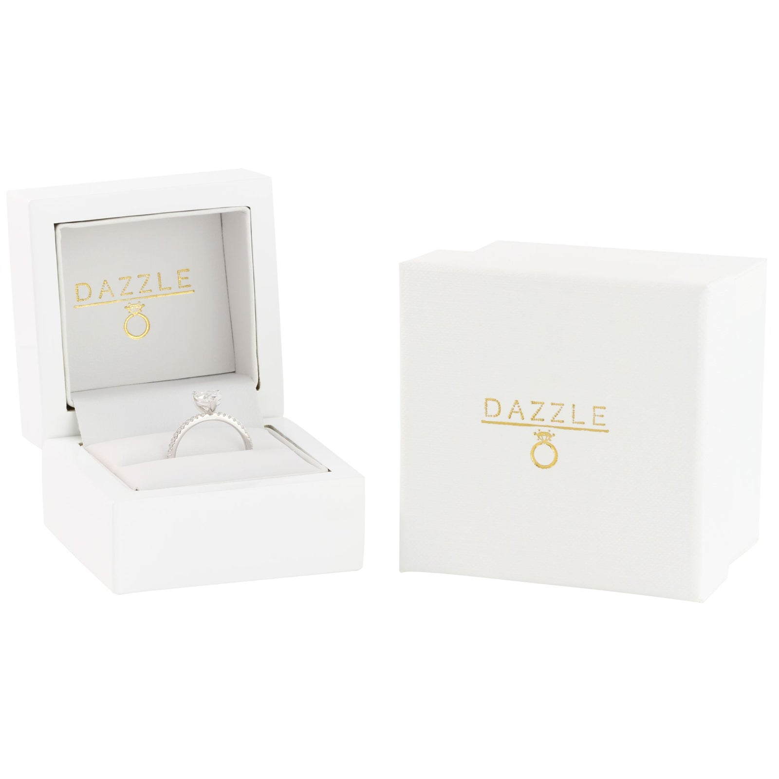 White gold moissanite heart ring with accent stones presented in gift box