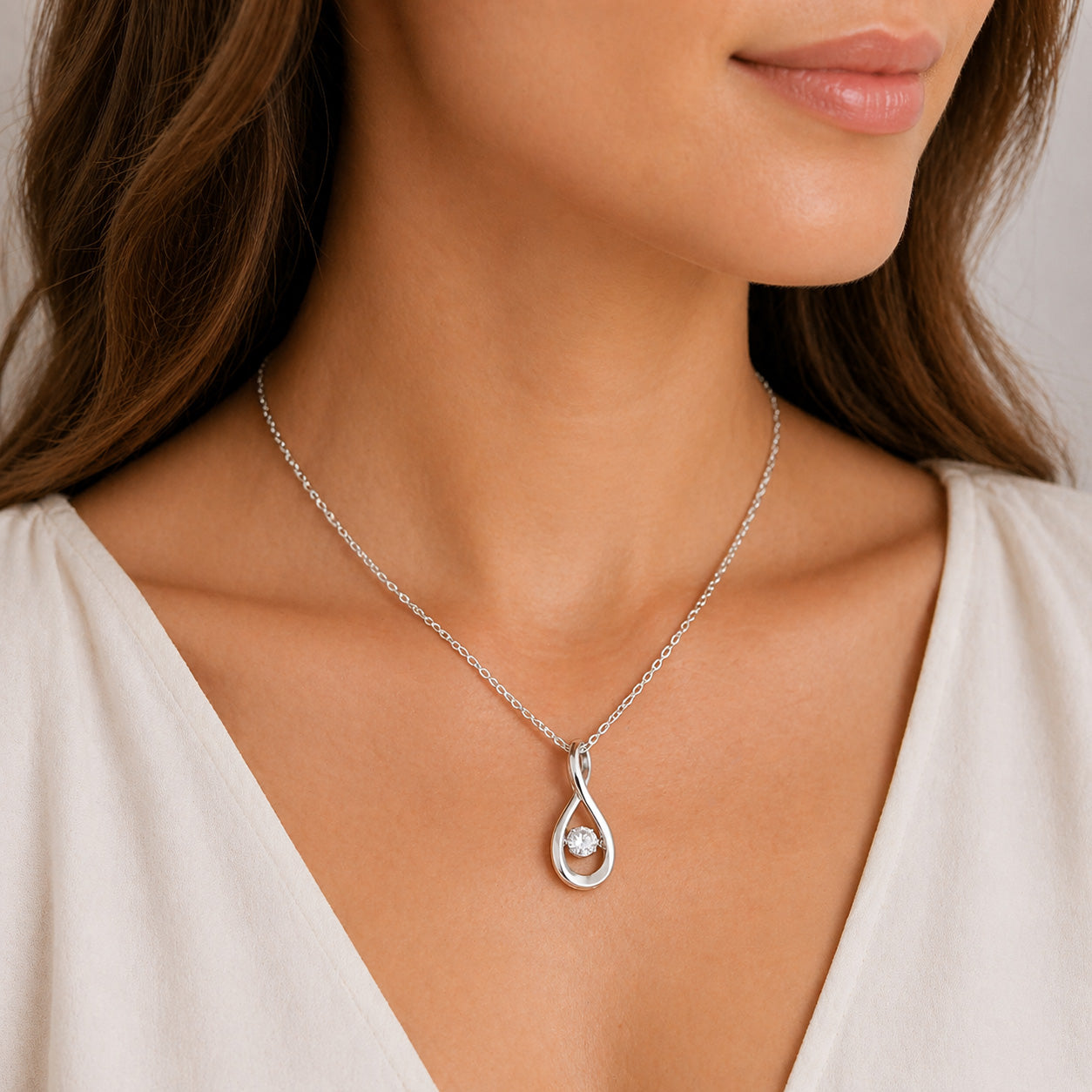 White Gold Infinity Moissanite Silver Dazzle Pendant Necklace