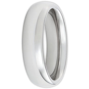 Front view of tungsten wedding ring with smooth domed profile and polished finish