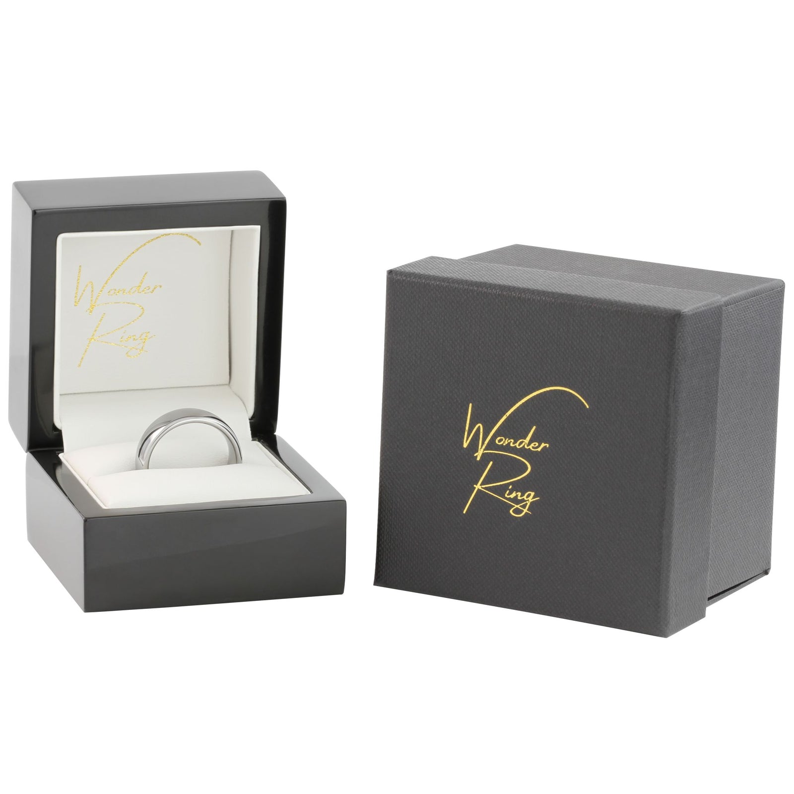 Tungsten wedding ring presented in gift box