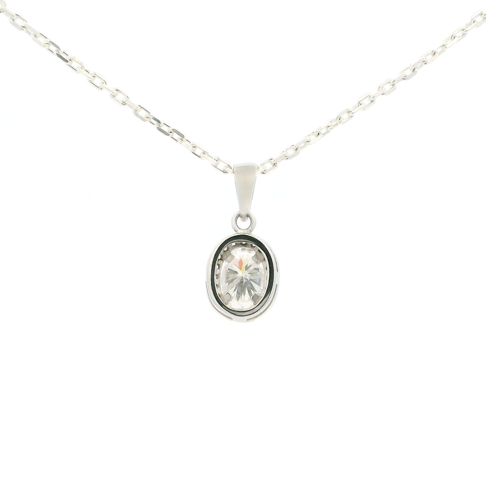 White Gold 1ct Oval Moissanite Halo Silver Dazzle Pendant Necklace