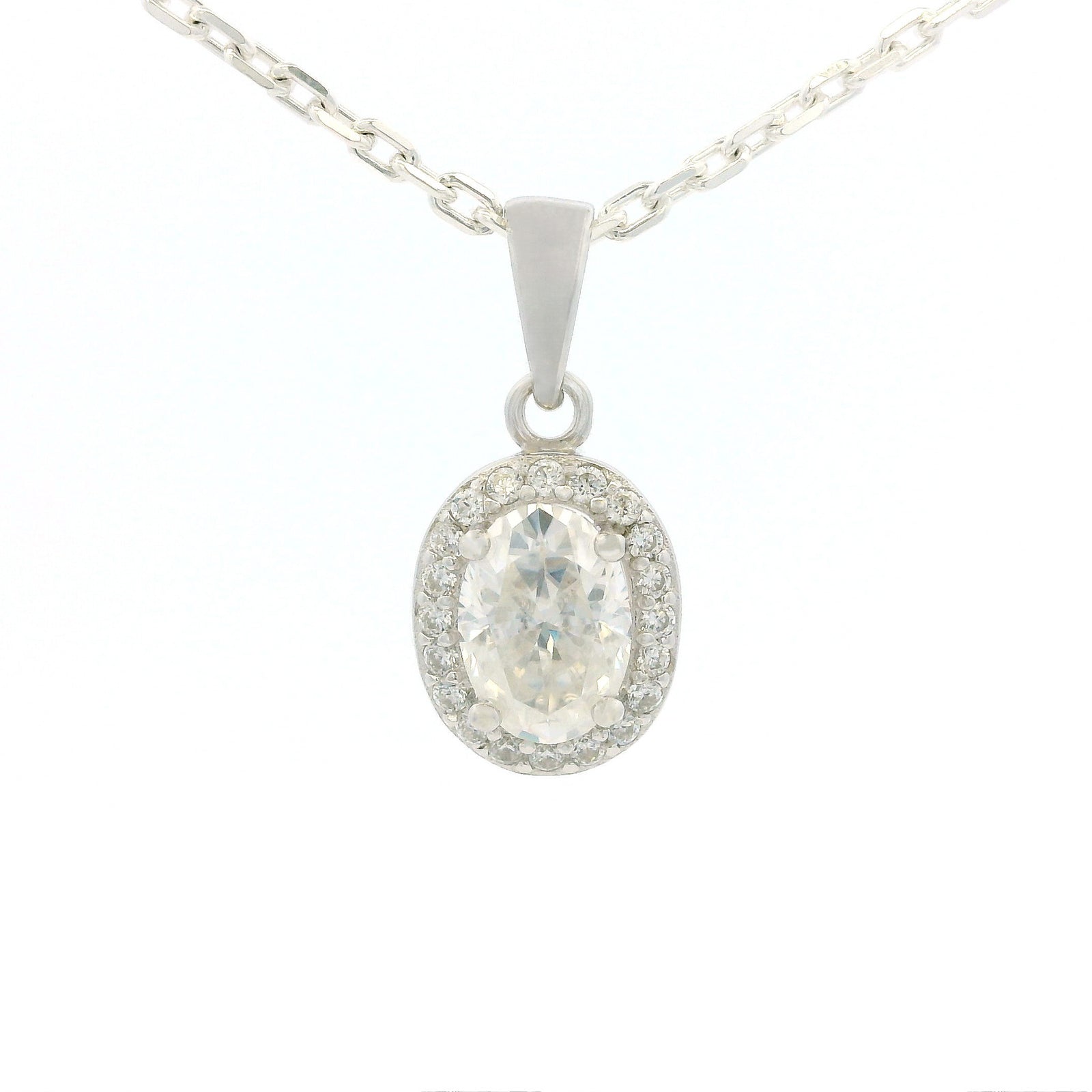 White Gold 1ct Oval Moissanite Halo Silver Dazzle Pendant Necklace