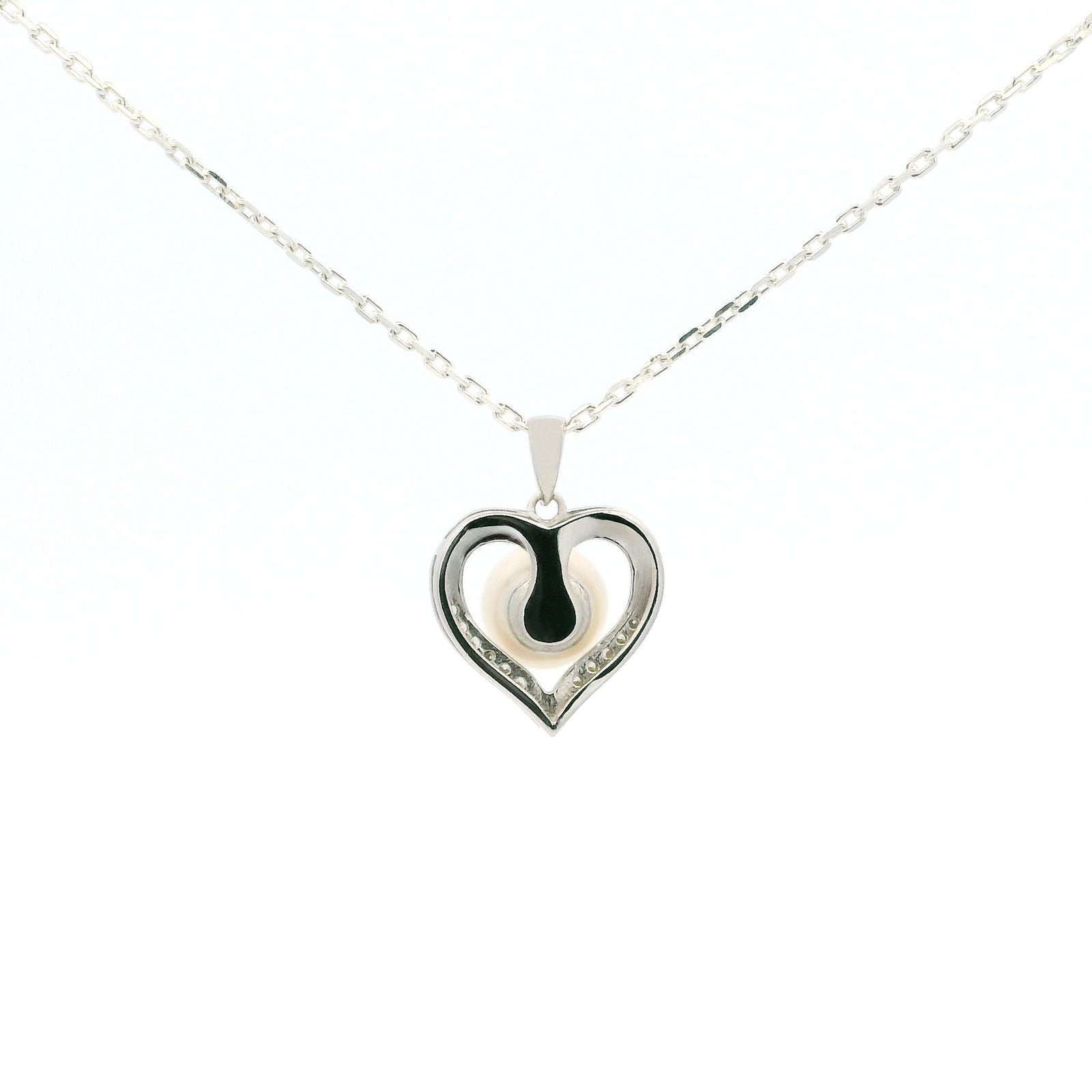 White Gold Moissanite Pearl Heart Silver Dazzle Pendant Necklace
