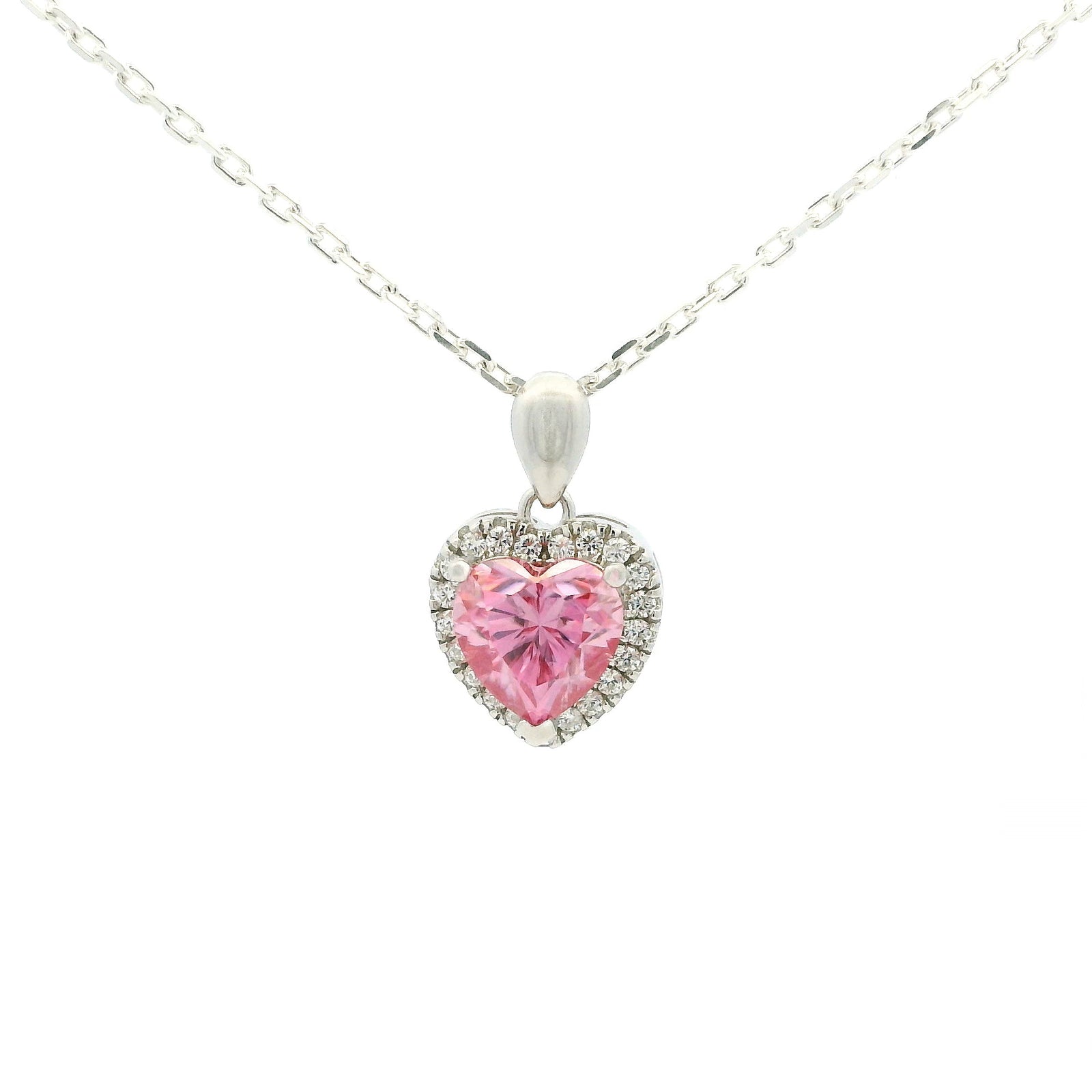 White Gold 1ct Pink Heart Moissanite Halo Silver Dazzle Pendant Necklace