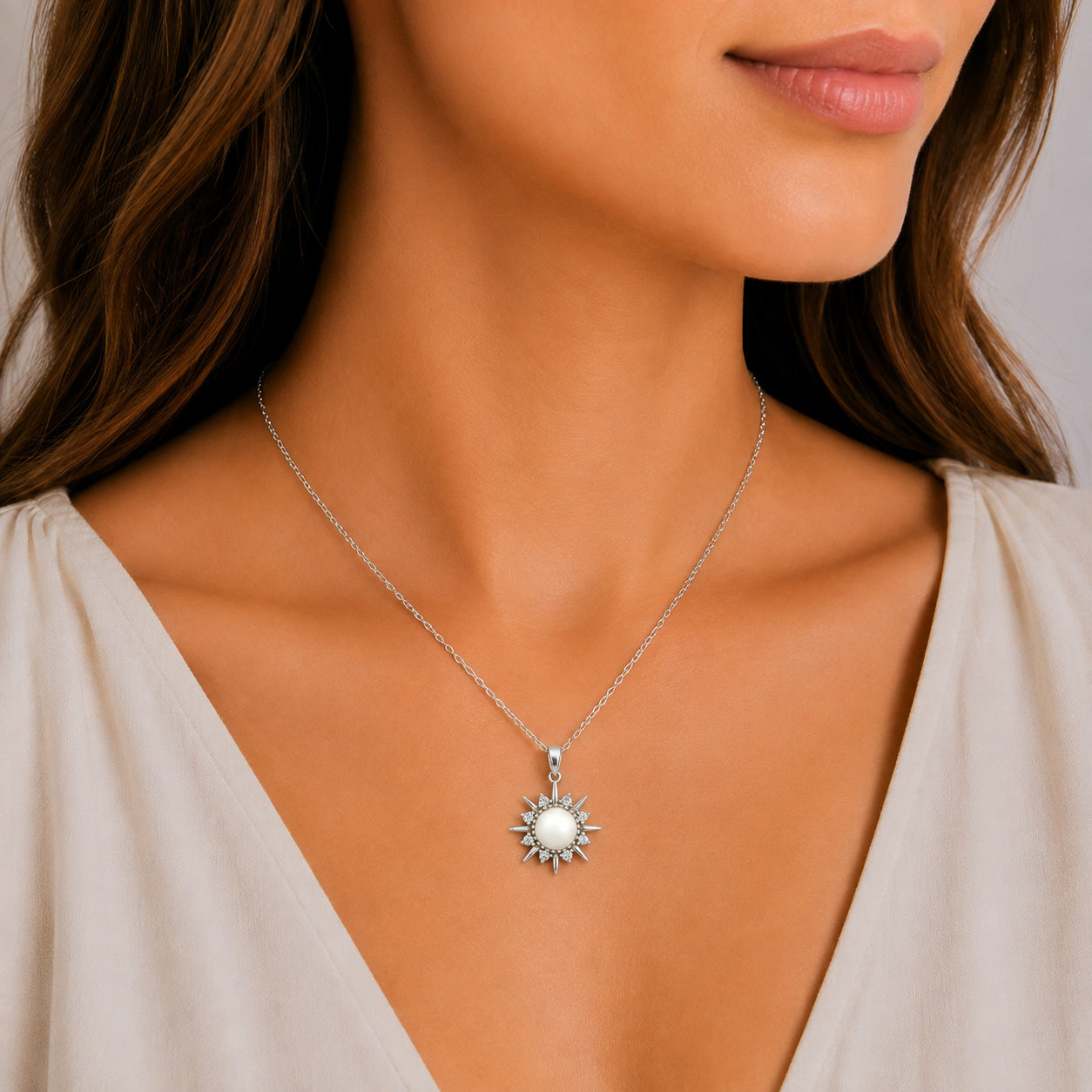 White Gold Moissanite Pearl Star Silver Dazzle Pendant Necklace