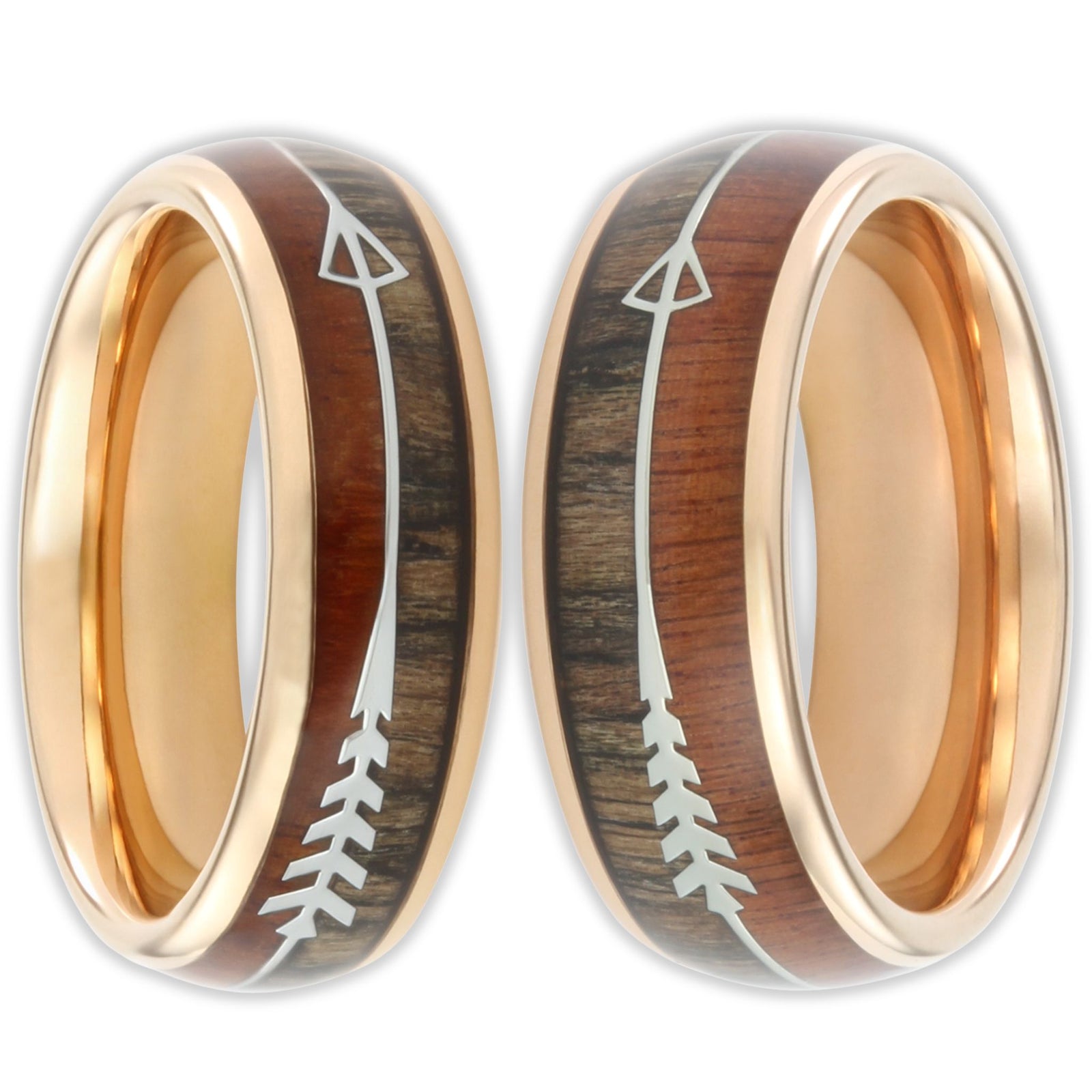 Front view of rose gold Harold arrow wood inlay tungsten rings with smooth polished finish and 8mm and 6mm bands