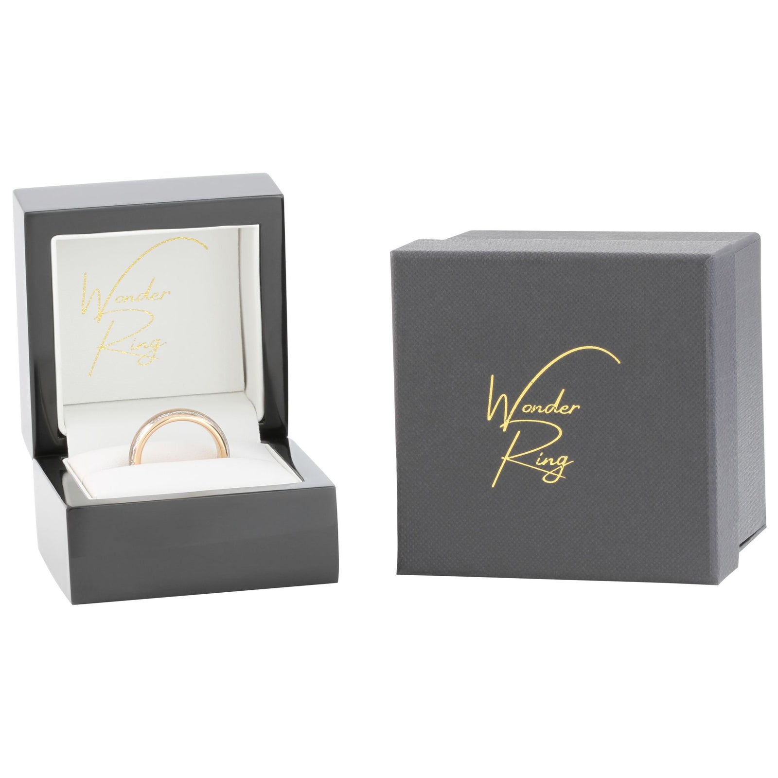 6mm Rose gold tungsten ring with black carbon fibre and steel inlay presented in gift box