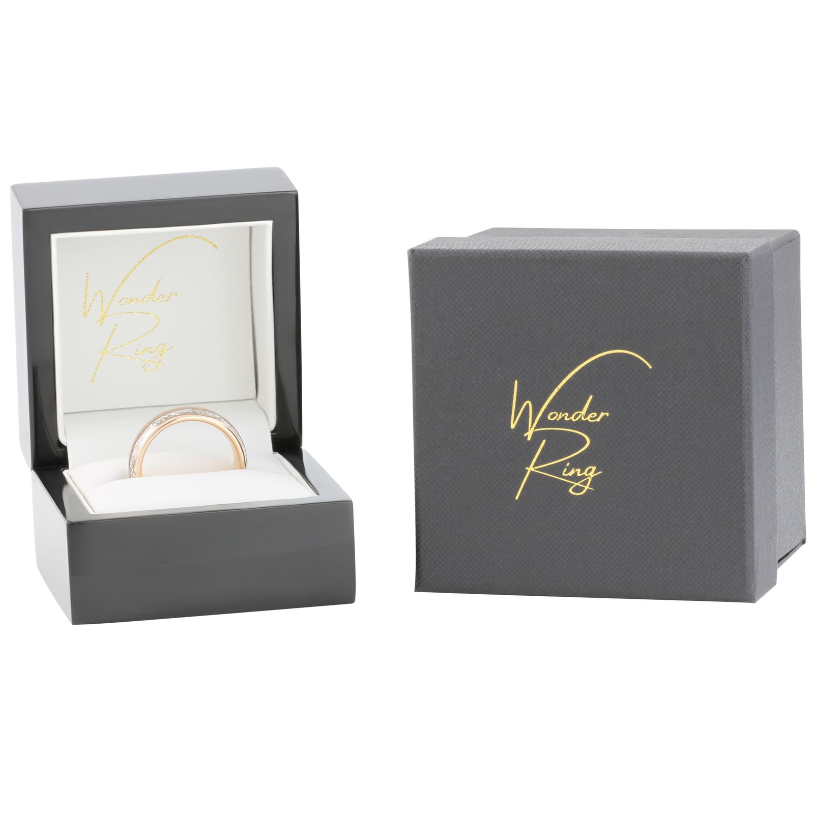 Rose gold tungsten ring with black carbon fibre and steel inlay presented in gift box