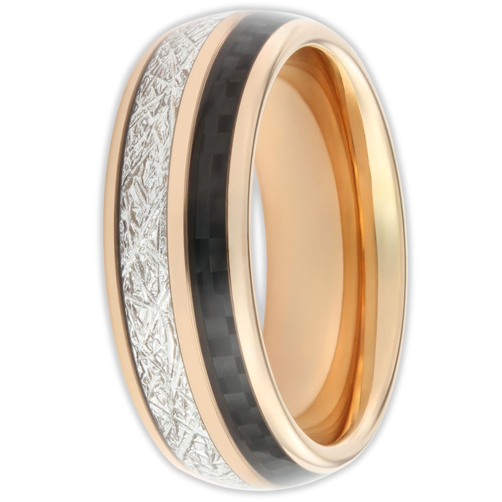 Front view of rose gold tungsten ring with black carbon fibre inlay and stainless steel strands in split design