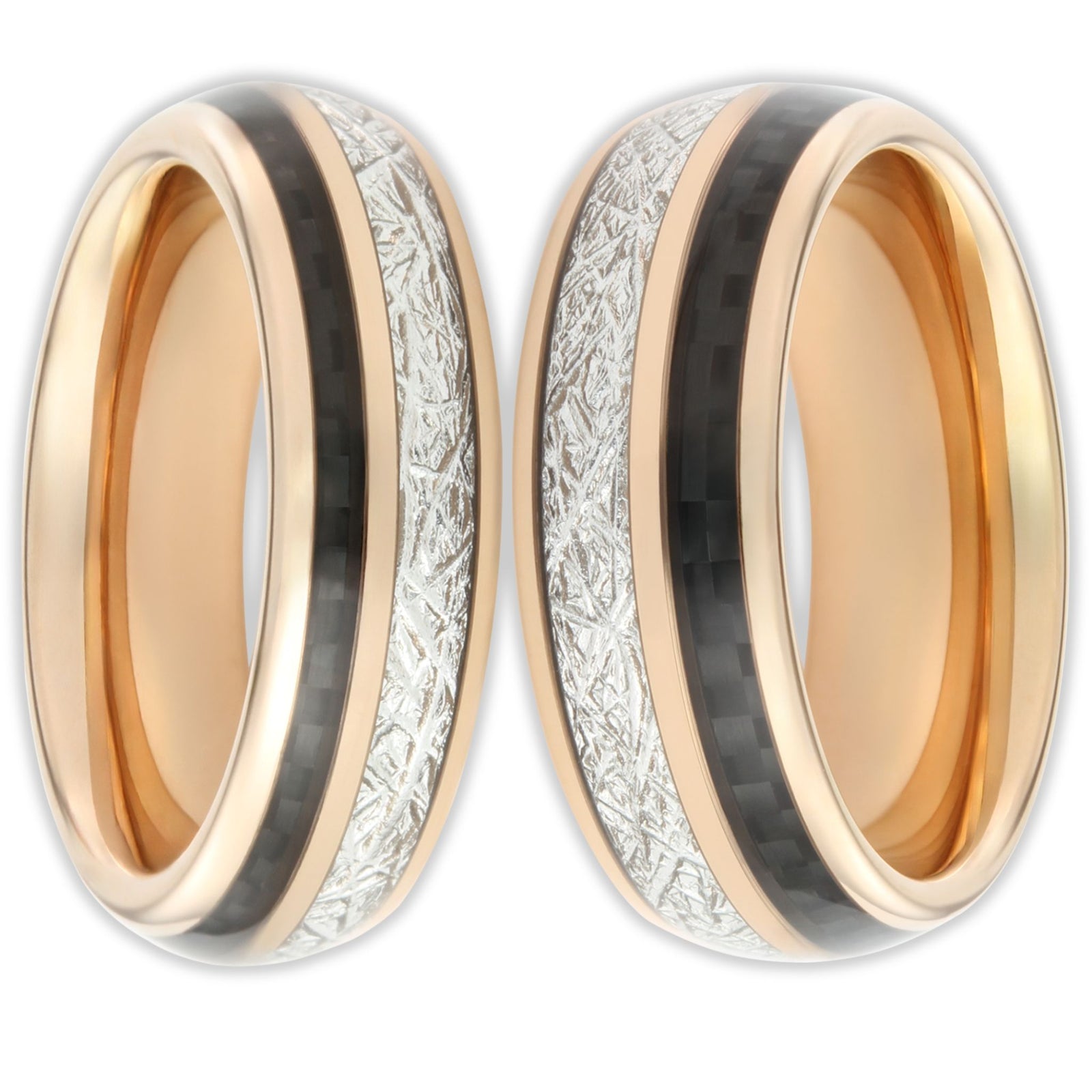 Front view of a set of rose gold tungsten rings with black carbon fibre inlay and stainless steel strands in split design