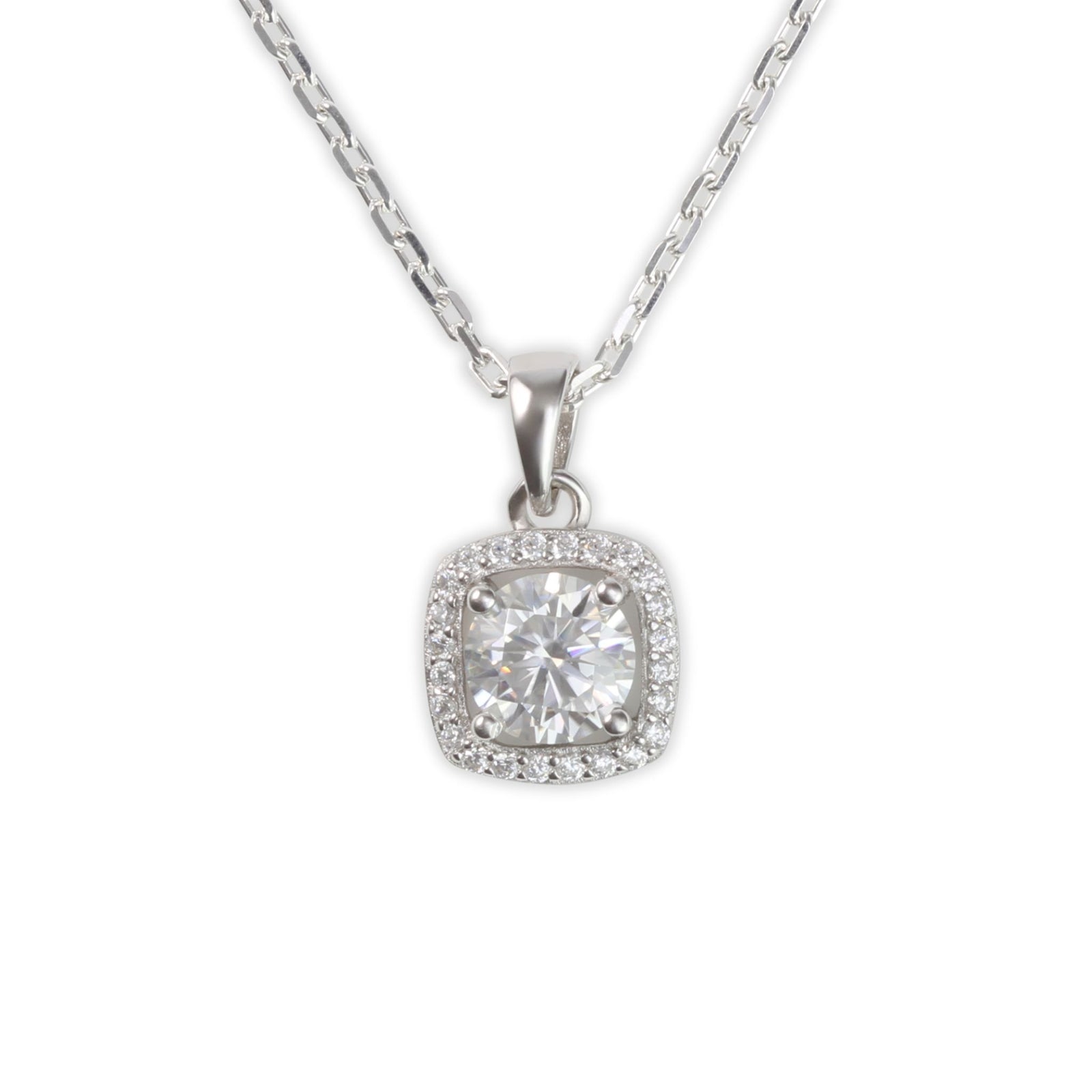 White Gold 1ct Square Moissanite Halo Silver Dazzle Pendant Necklace