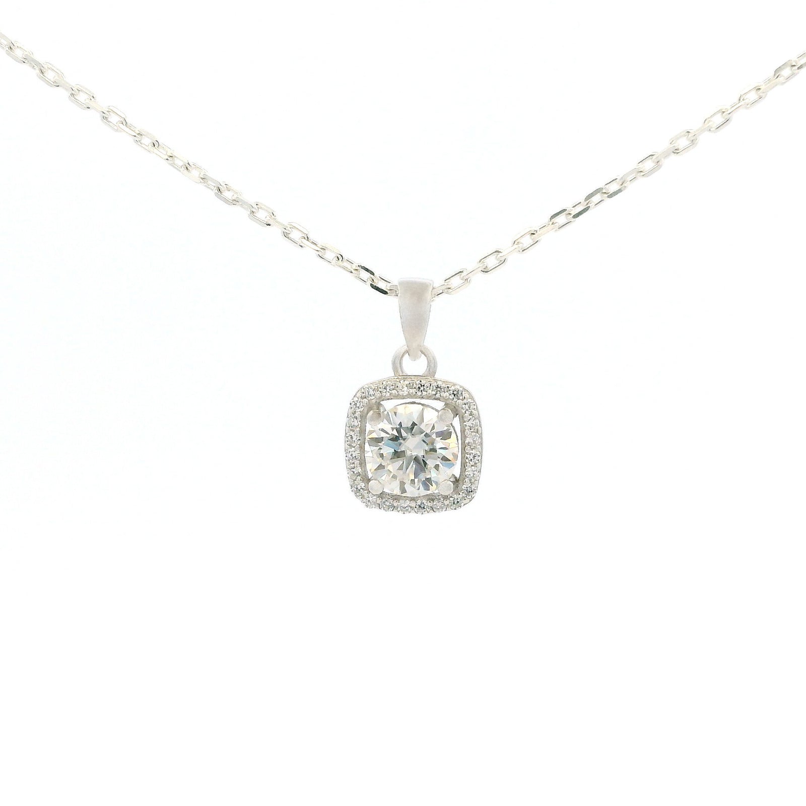 White Gold 1ct Square Moissanite Halo Silver Dazzle Pendant Necklace