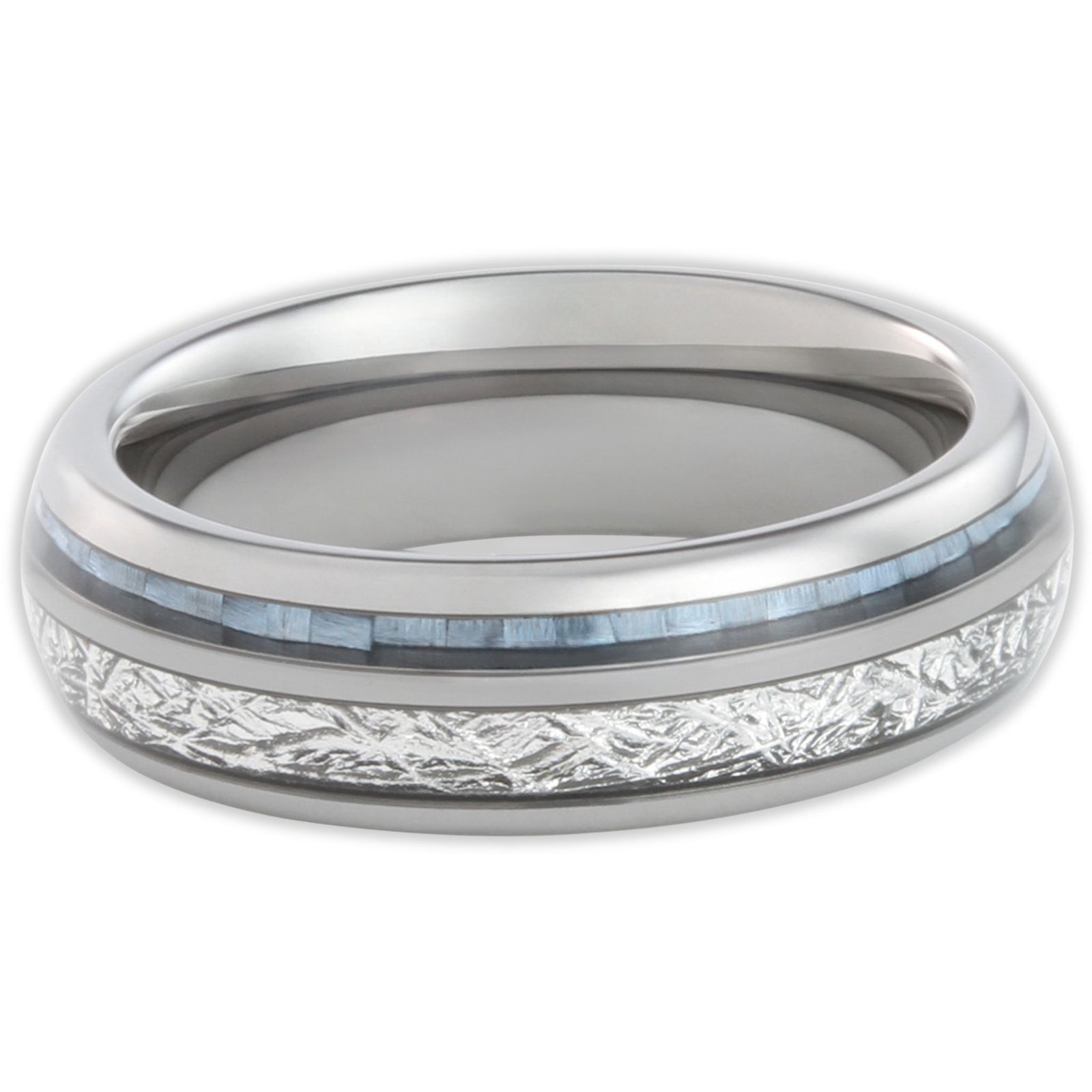 Top view of tungsten ring with blue carbon fibre insert and silver stainless steel strand inlay