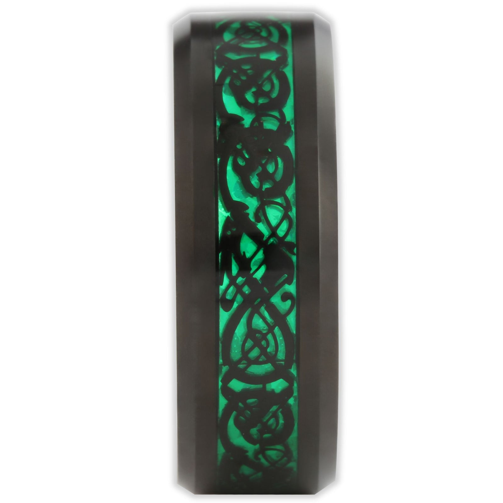 End view of green and black tungsten ring showing band thickness, flat profile and bevelled edges
