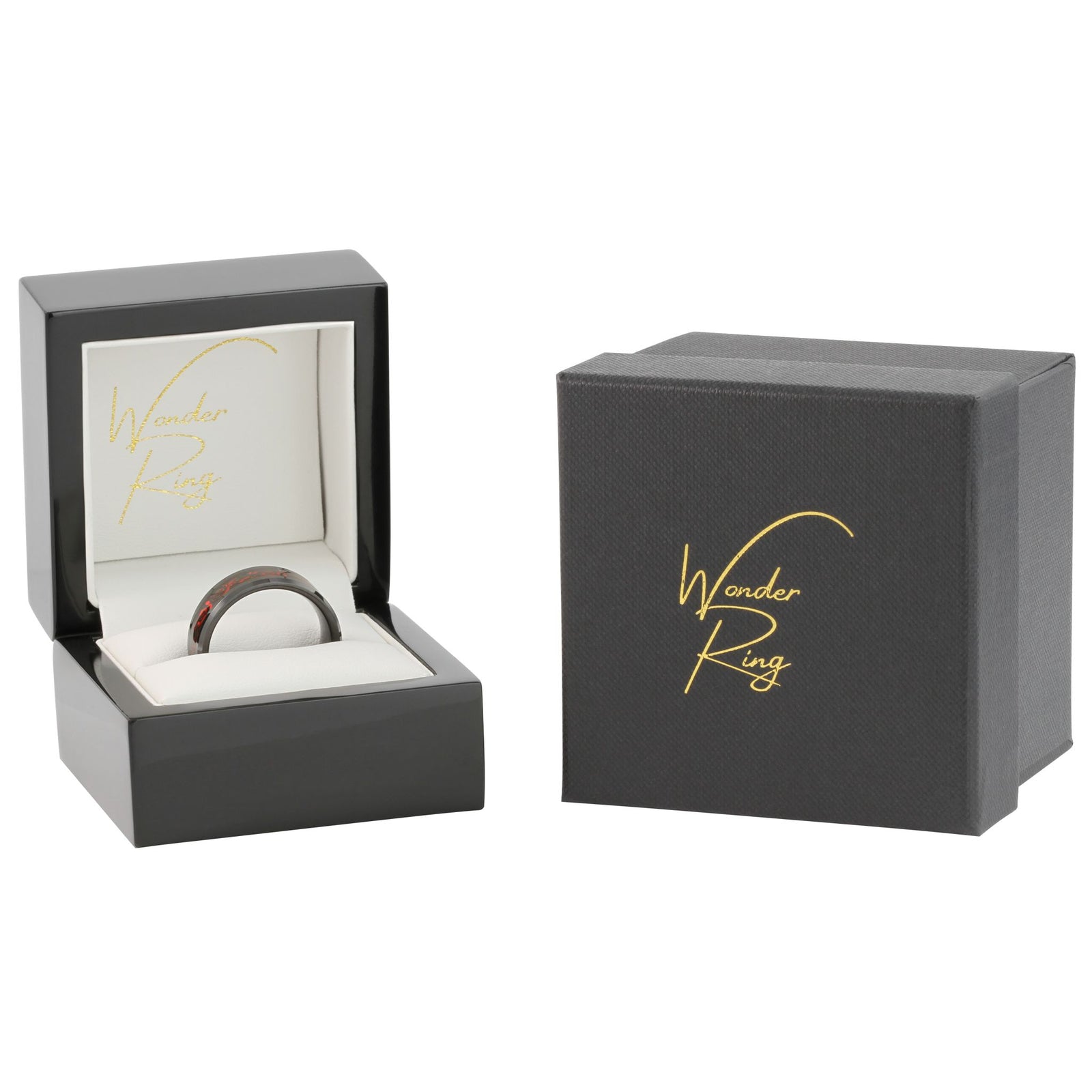 Red and black Chinese dragon ring presented in gift box