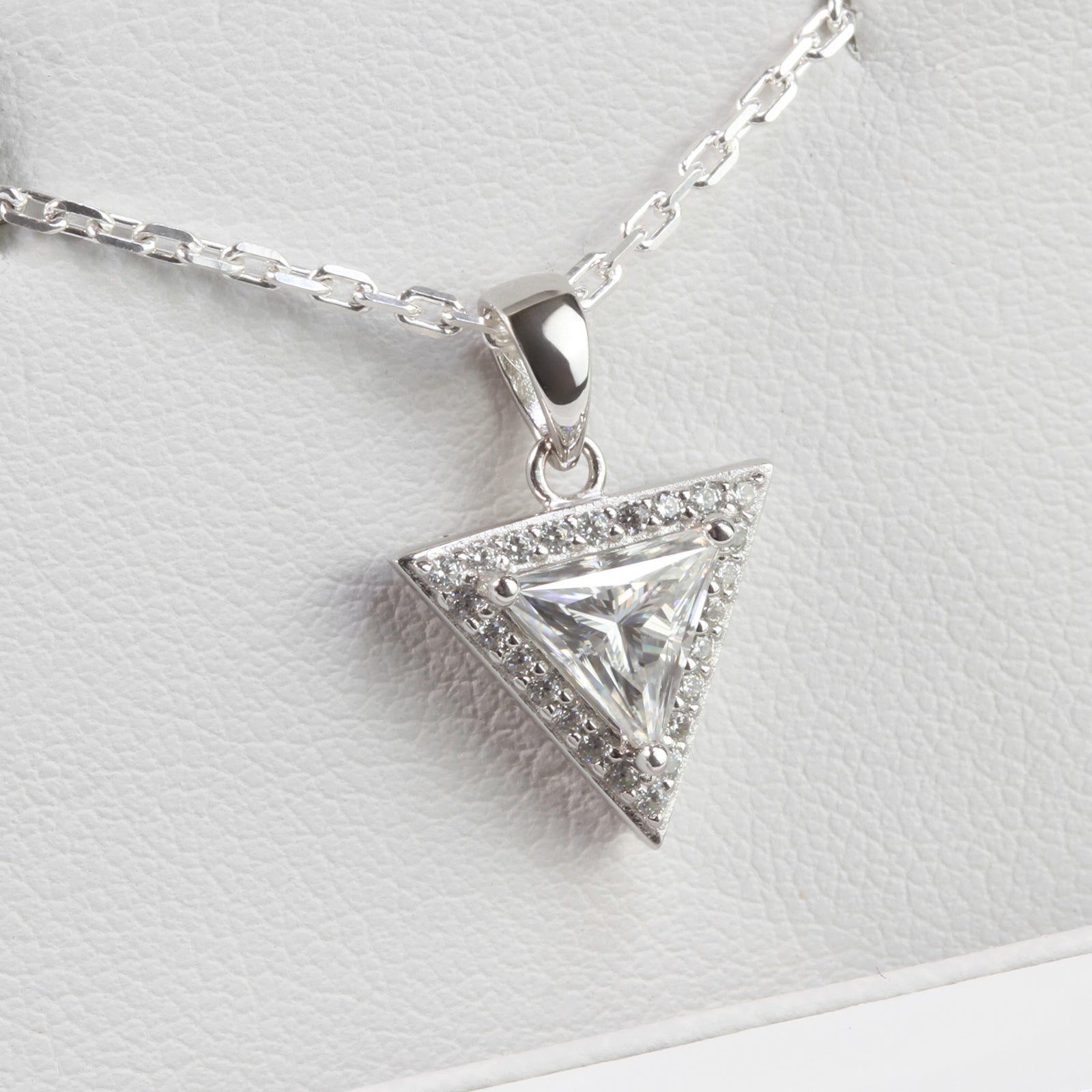 White Gold 1ct Triangle Moissanite Halo Silver Dazzle Pendant Necklace