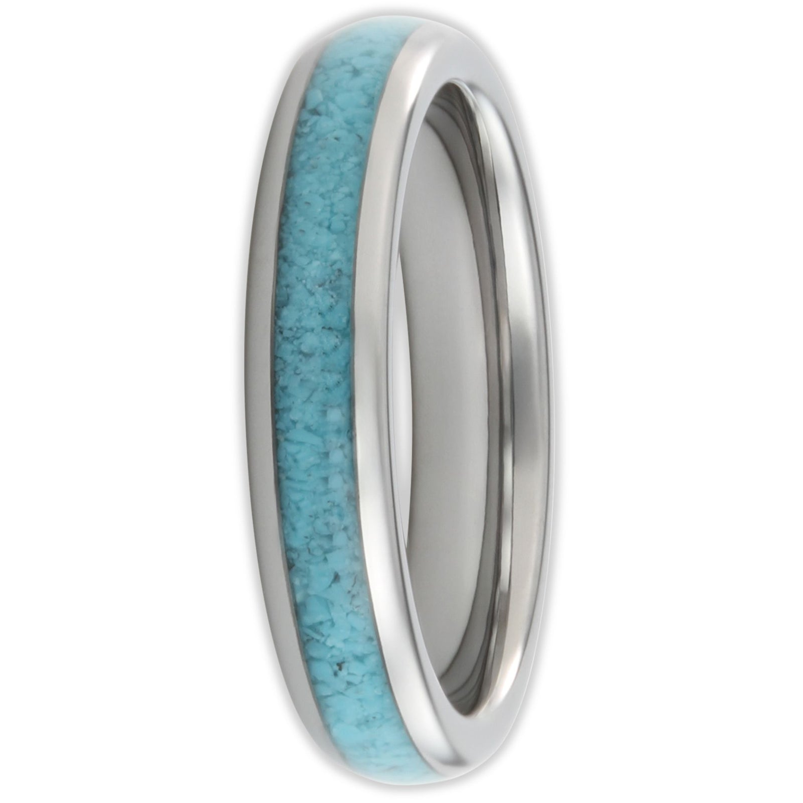 Front view of tungsten ring with turquoise inlay and polished finish in 4mm band