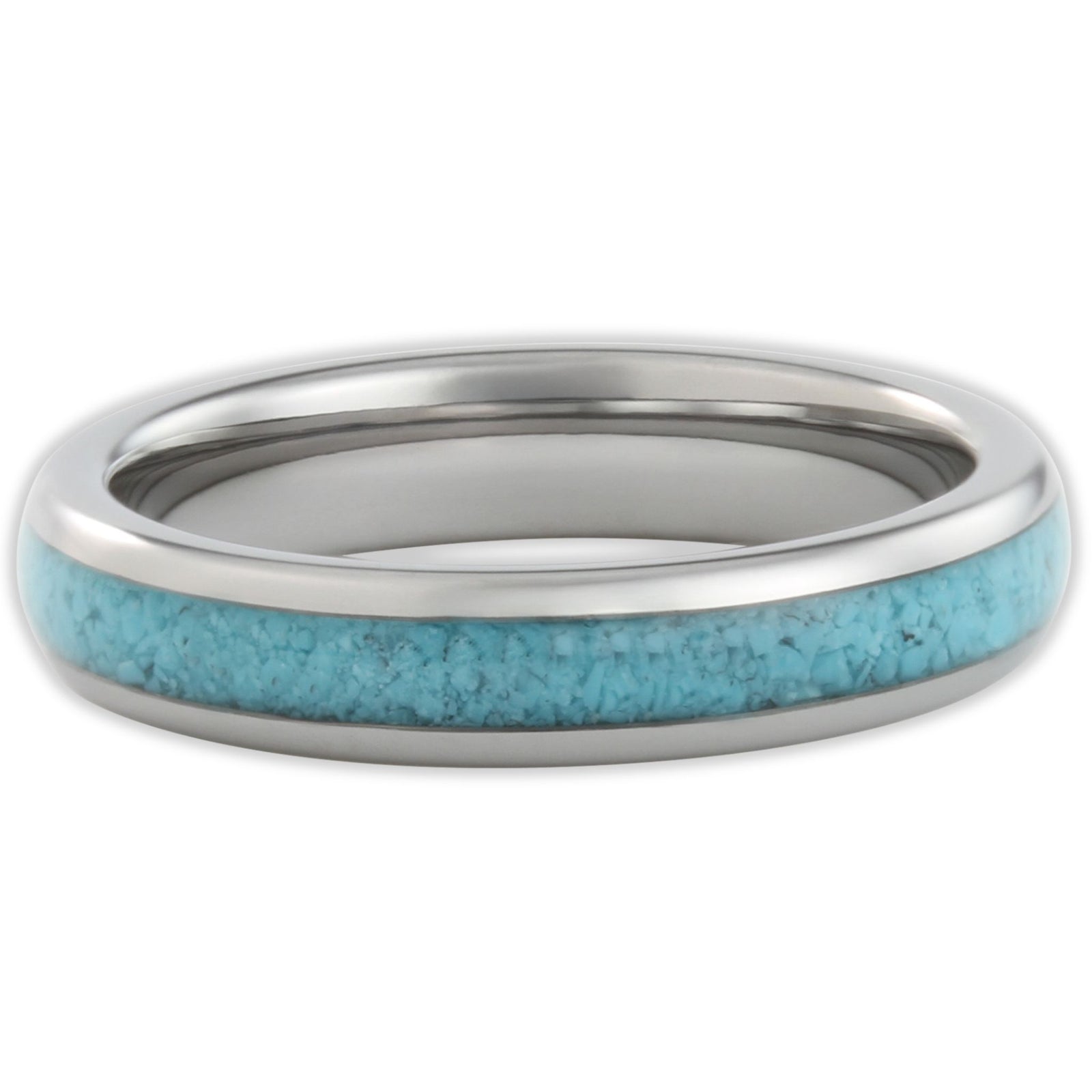 Top view of tungsten 4mm ring with turquoise stone insert and smooth polished surface