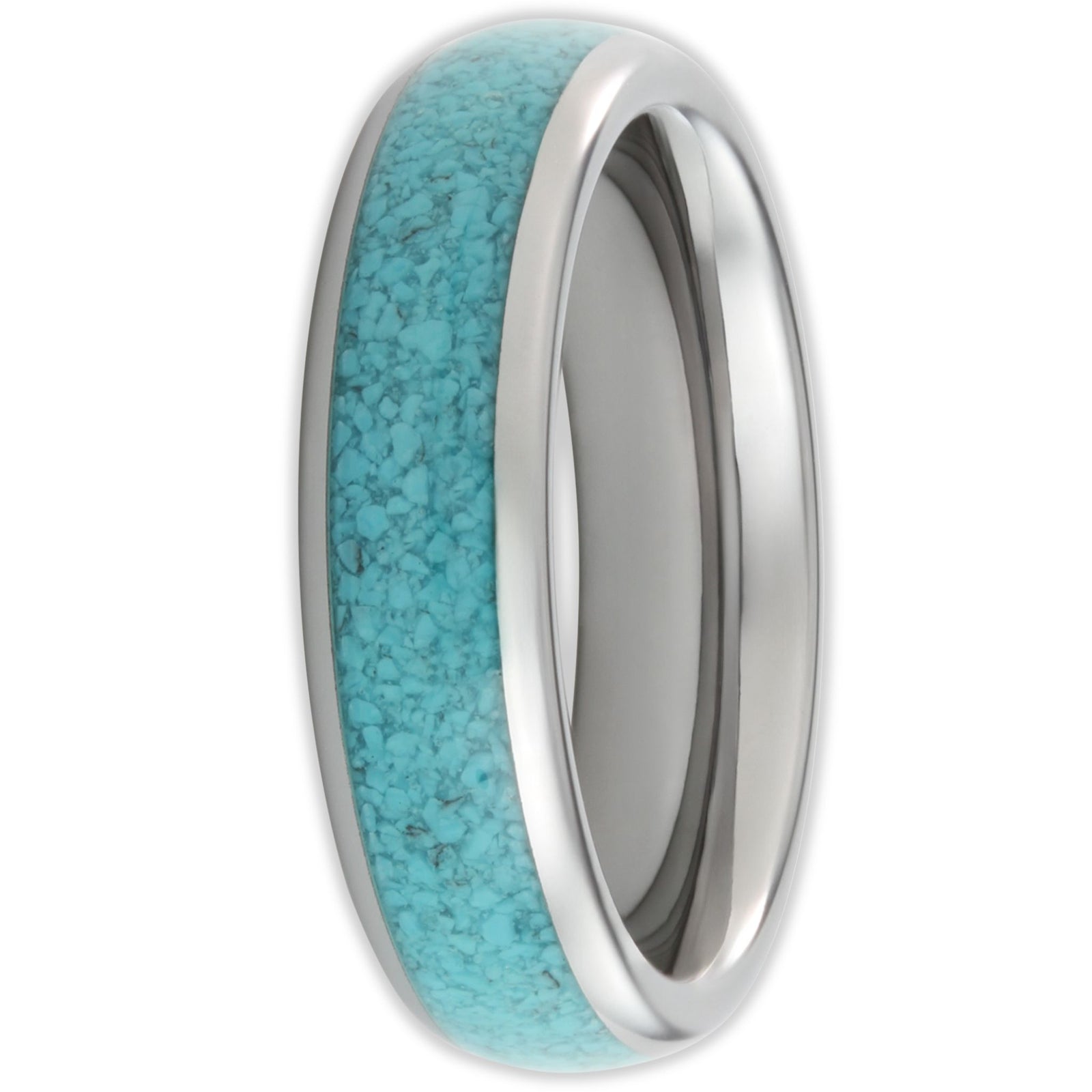 Front view of tungsten ring with turquoise inlay and polished finish in 6mm band