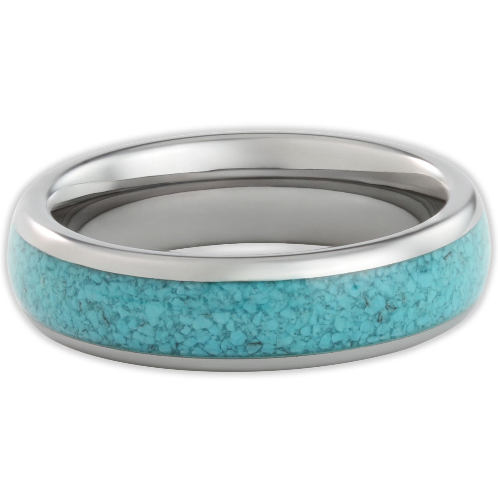 Top view of tungsten 6mm ring with turquoise stone insert and smooth polished surface