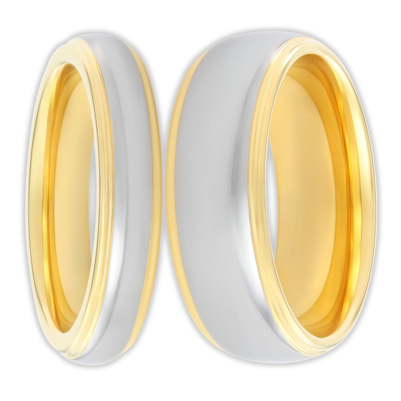 Front view of tungsten rings with mirror finish and 8mm and 4mm band