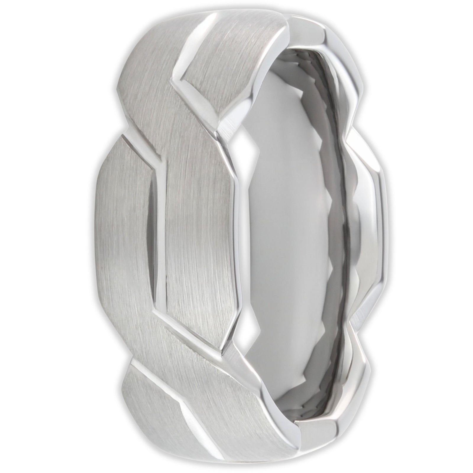 Front view of tungsten weave ring with interlaced pattern and polished edges