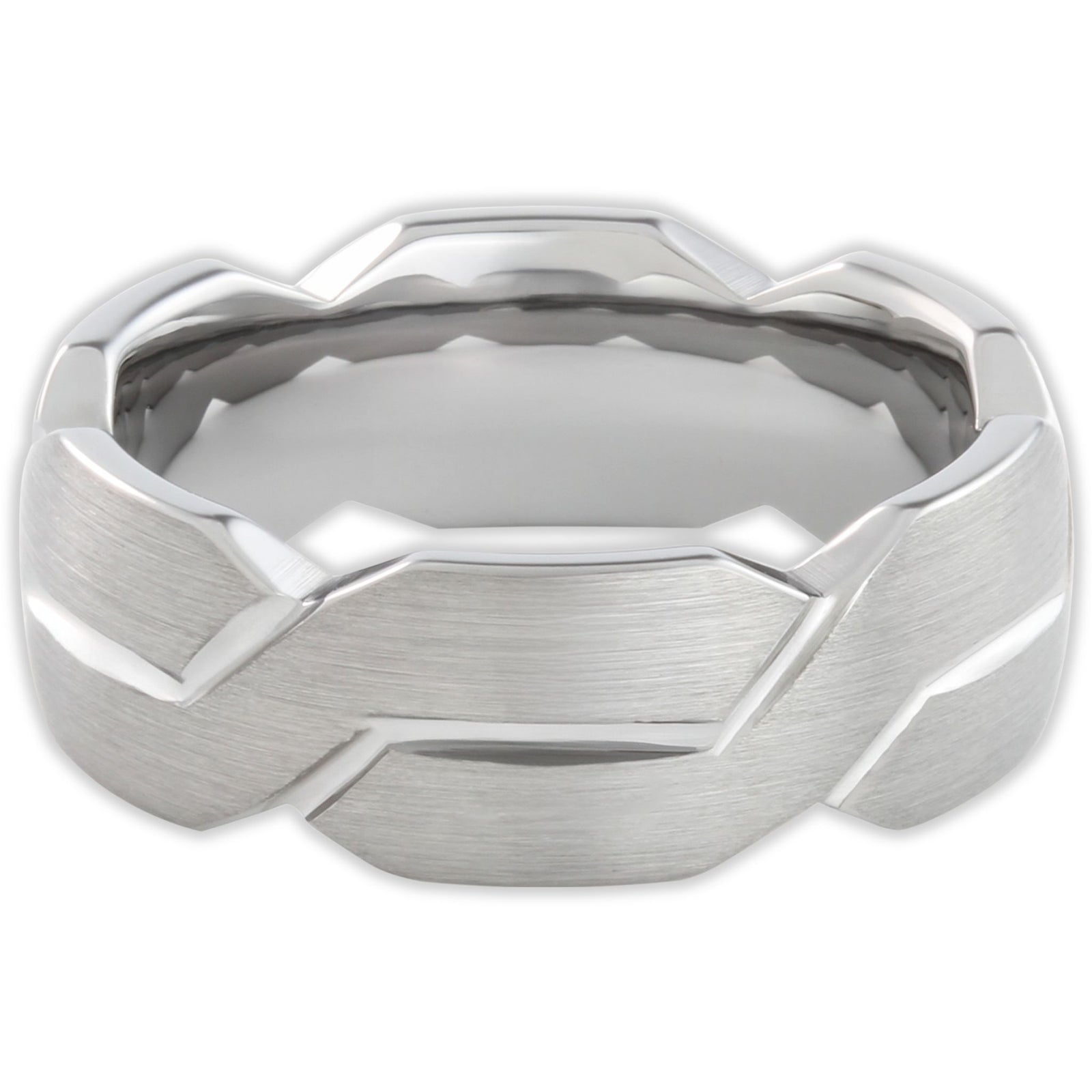 Top view of tungsten weave ring with interlaced pattern design and polished edges
