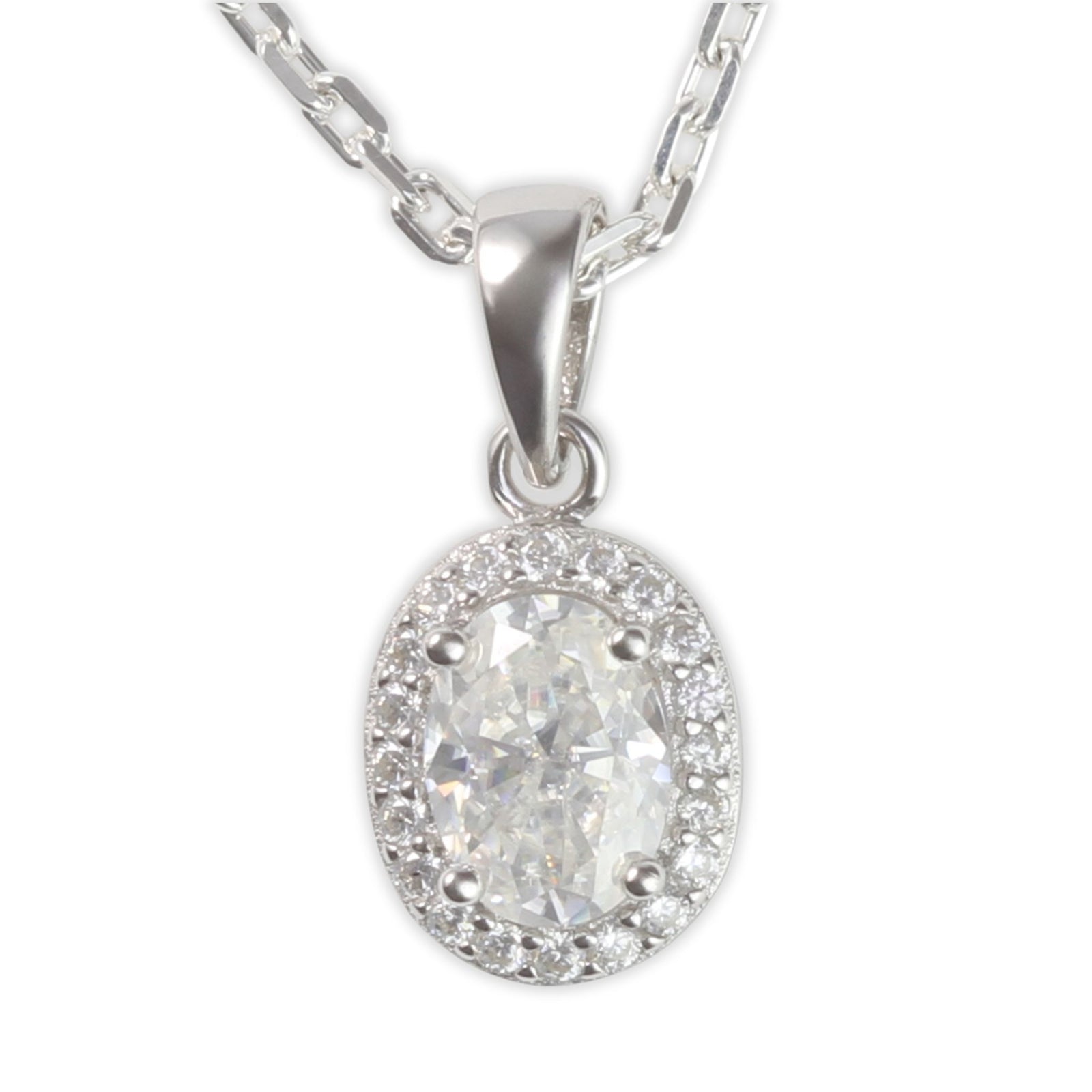White Gold 1ct Oval Moissanite Halo Silver Dazzle Pendant Necklace