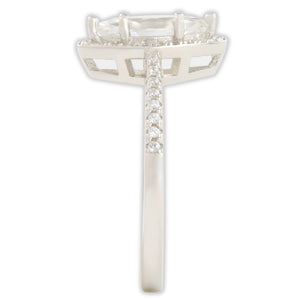 End view of white gold moissanite ring showing band thickness and raised marquise stone setting