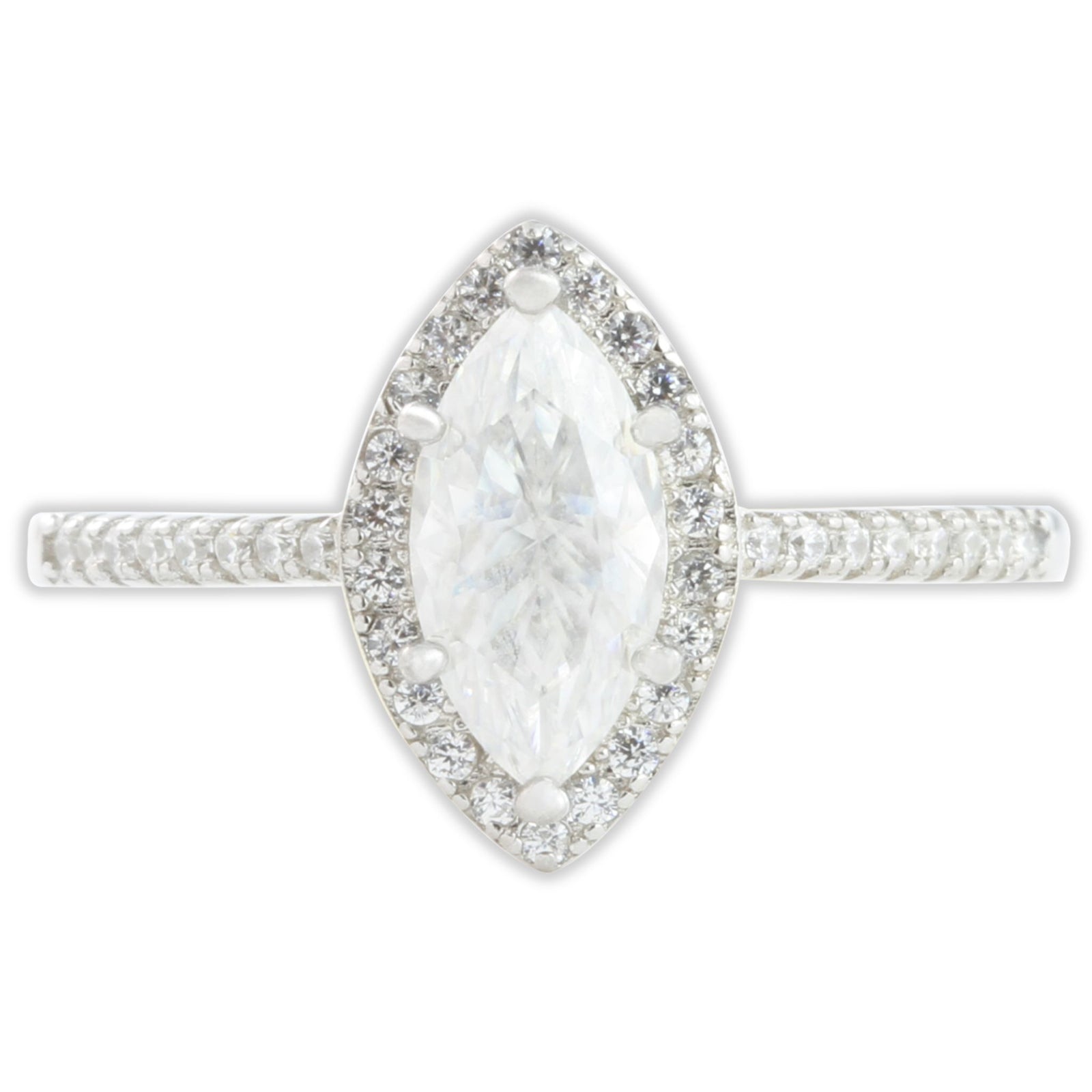Top view of white gold moissanite ring with marquise centre stone and small stones along the band