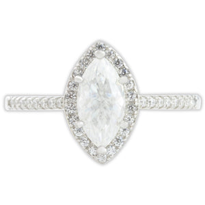 Top view of white gold moissanite ring with marquise centre stone and small stones along the band