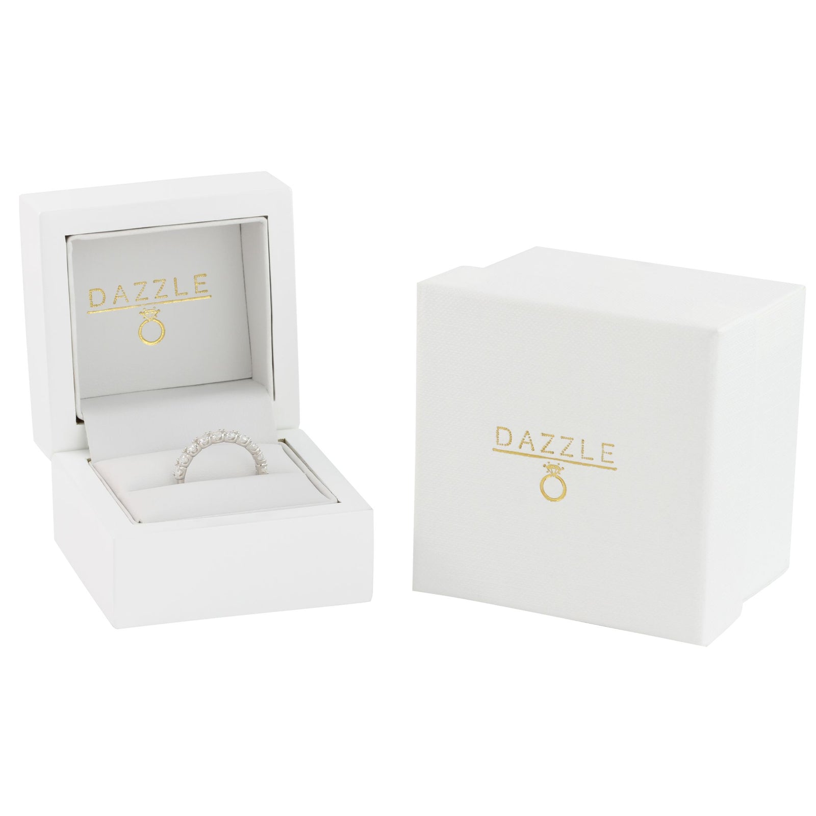 White gold moissanite half eternity ring presented in gift box