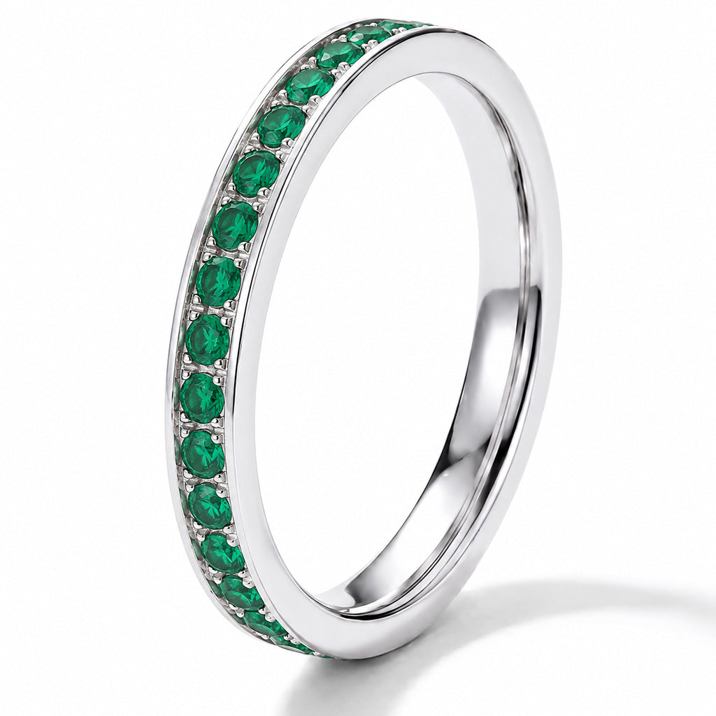 3mm White Gold Full Glitz Eternity Ring | Emerald Green Cubic Zirconia Stacking Ring