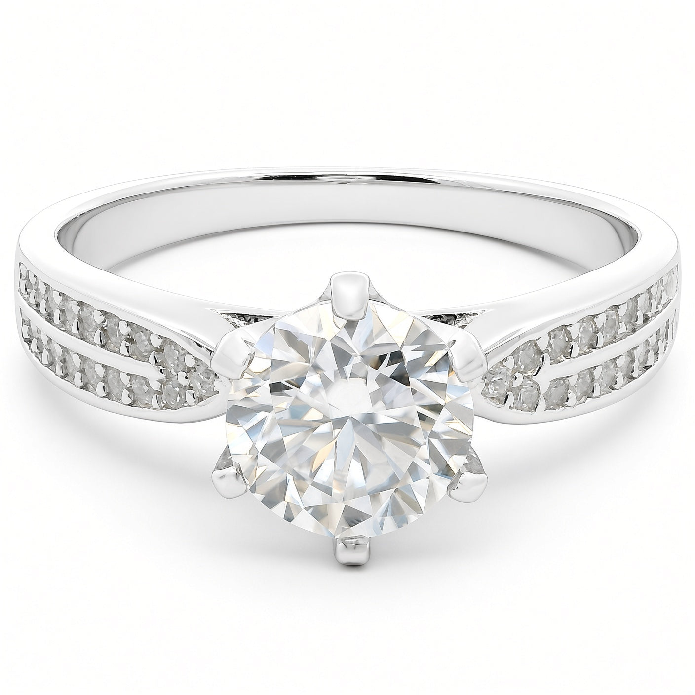 1ct Round Brilliant Moissanite Engagement Ring | White Gold Wide Dazzle Ring