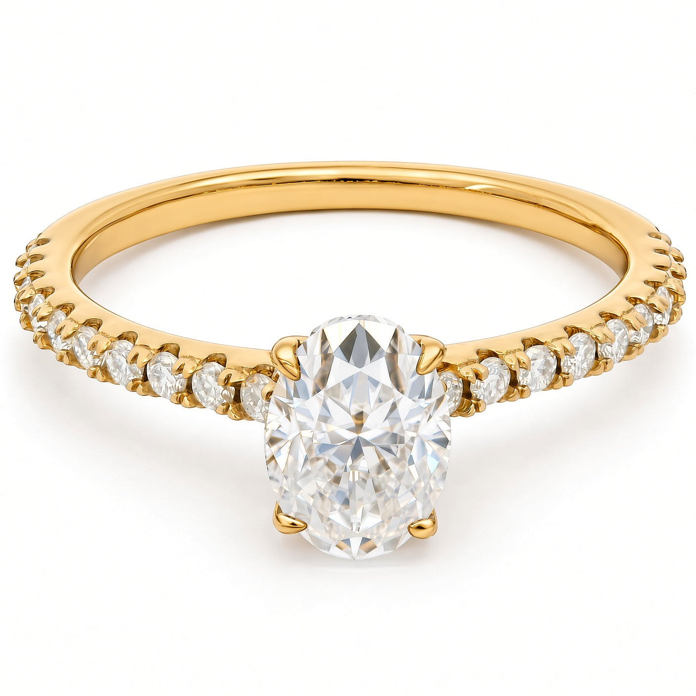 1ct Oval Moissanite Engagement Ring | 18K Gold Side Stone Dazzle Ring