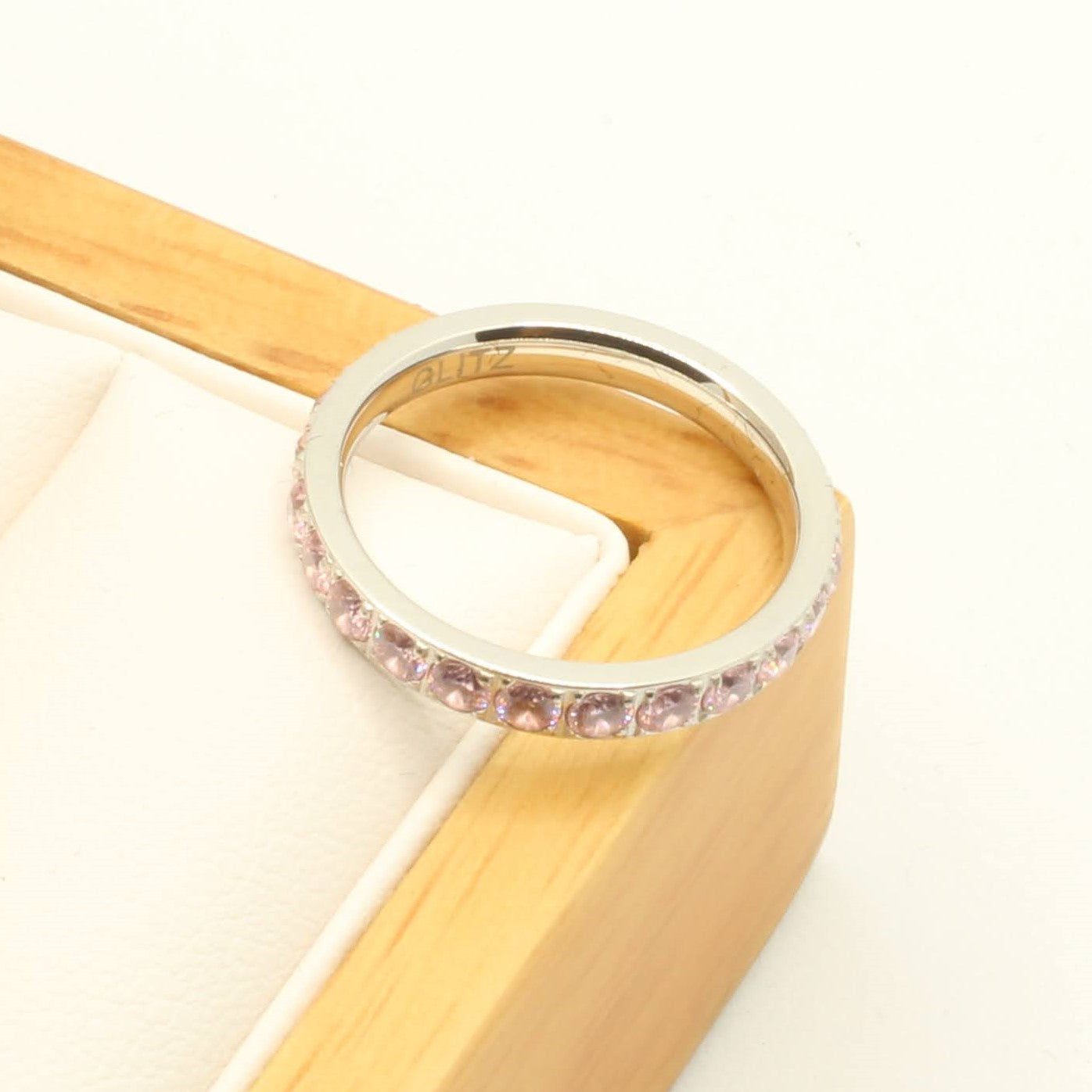Light Pink Stone White Gold 3mm Full Glitz Ring