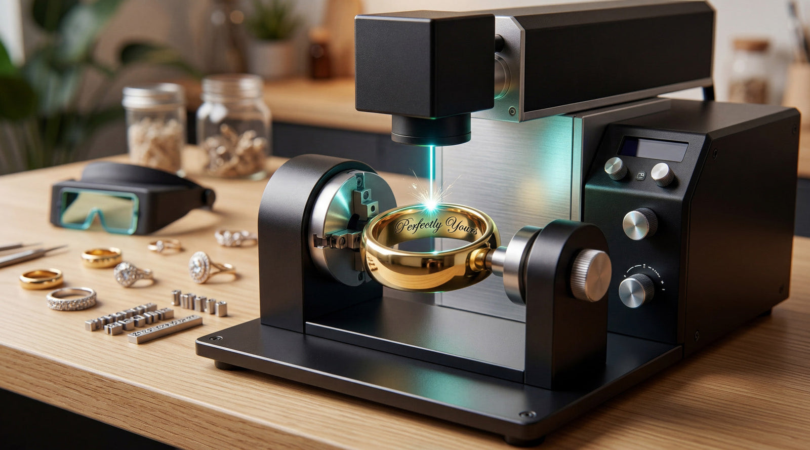 Ring being laser engraved with other rings on the table