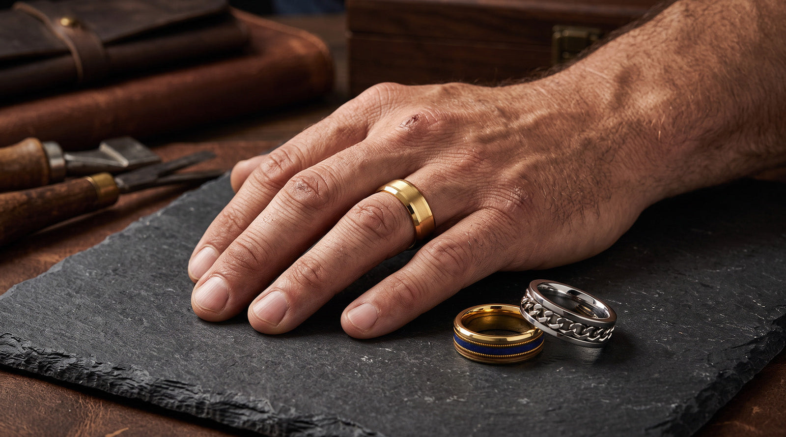 Man wearing gold ring and two rings stacked next to hand
