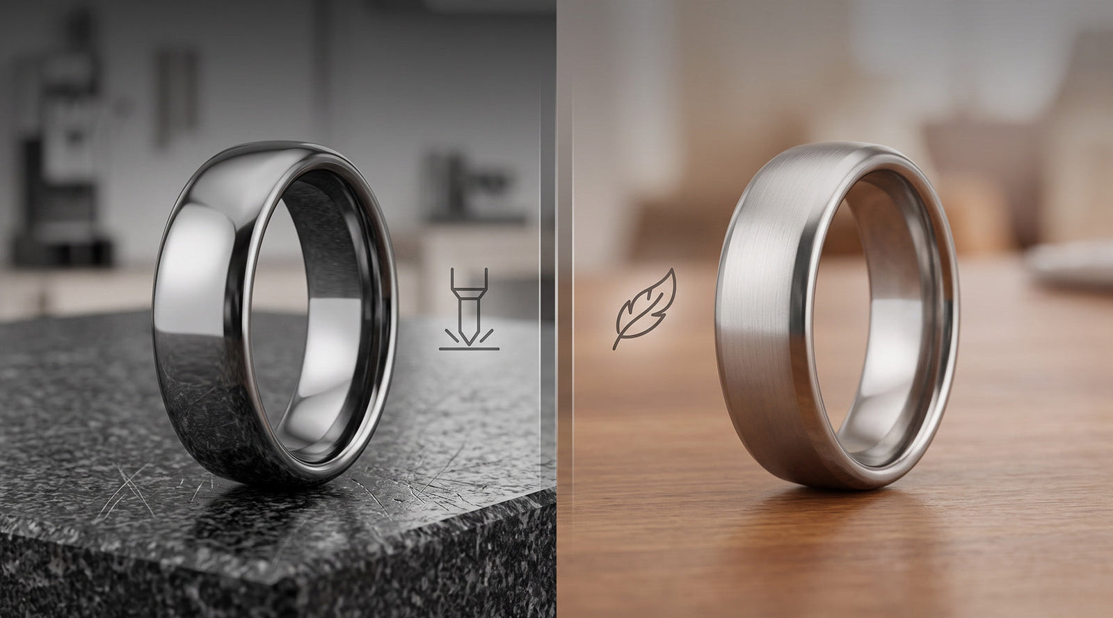 Scratch Resistant Tungsten Wonder Ring next to Titanium Wedding Band