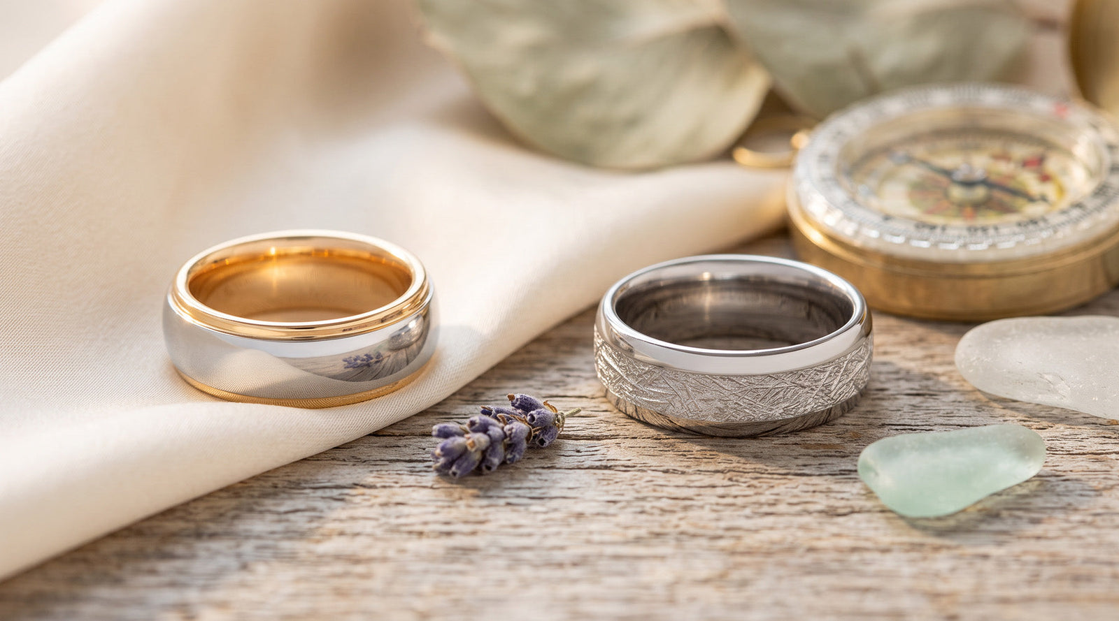 Vulcan Ring next to White Gold Steel Ring