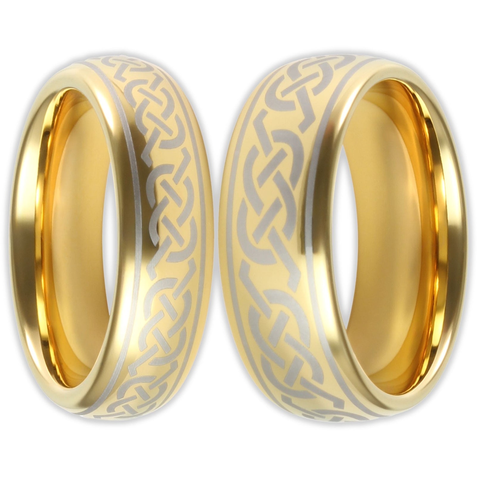 Front view of gold tungsten ring with Celtic knot pattern and polished finish in 6mm and 8mm band